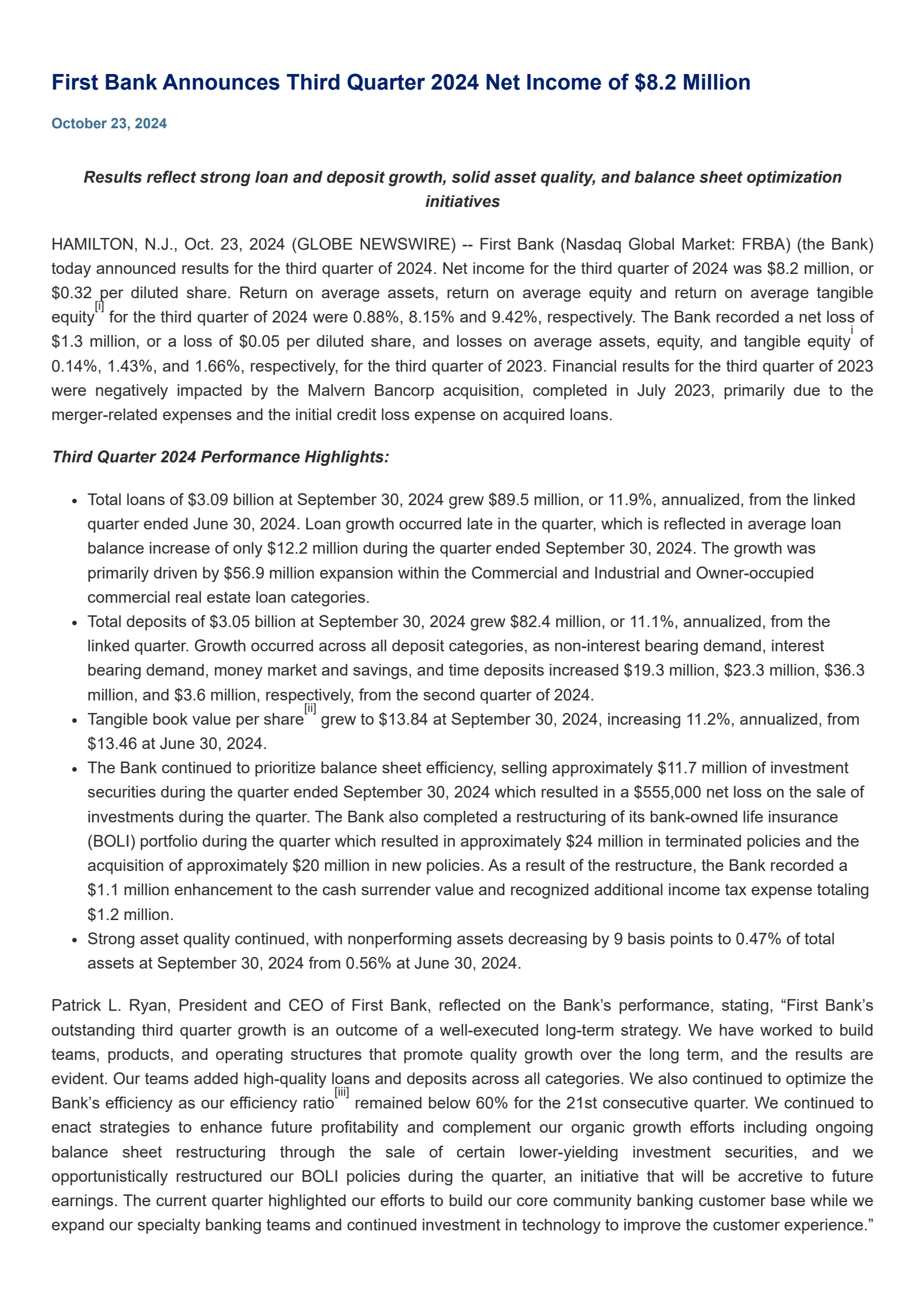 First Bank's Q3 2024 Press Release