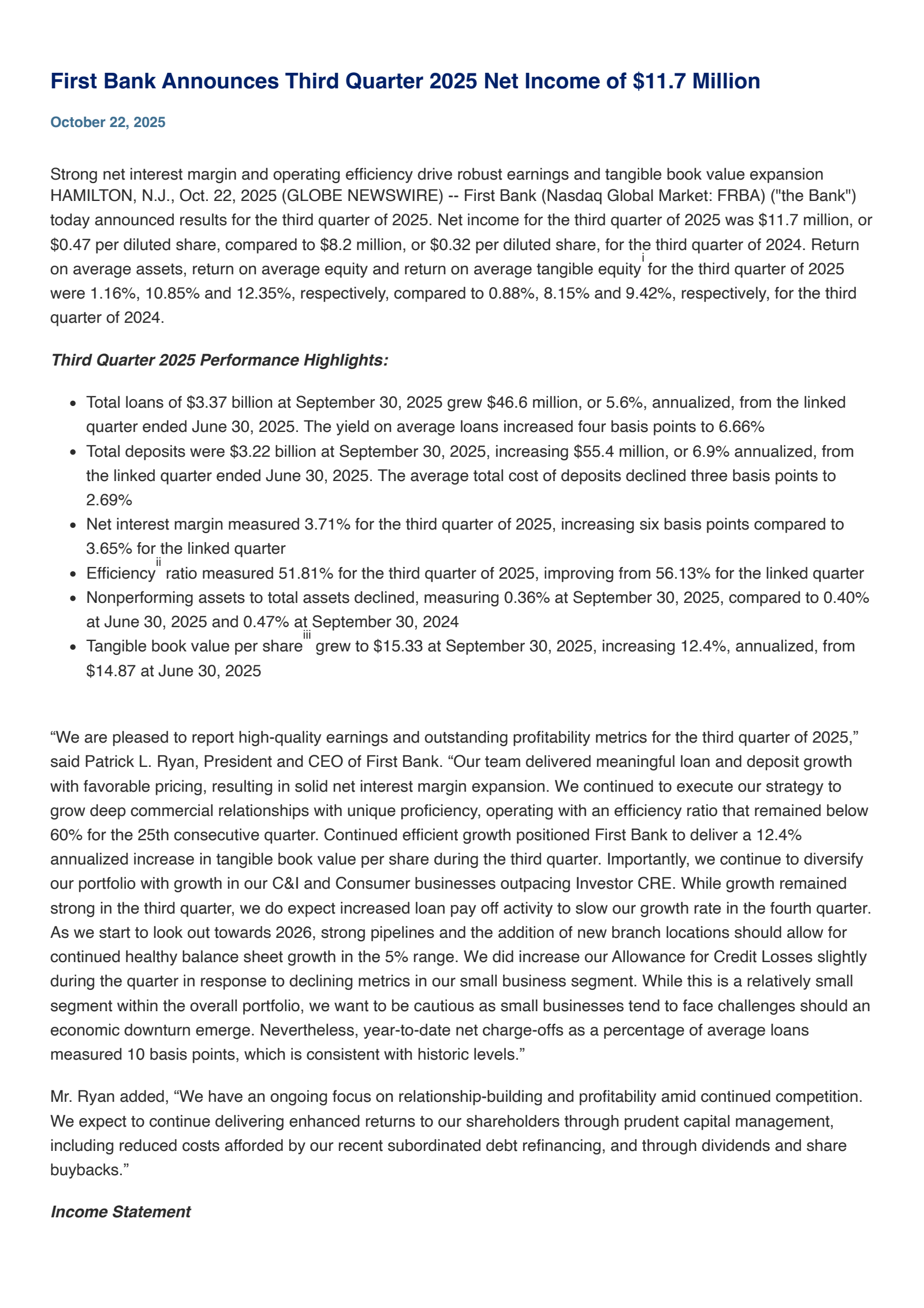 First Bank's Q3 2025 Earnings Release