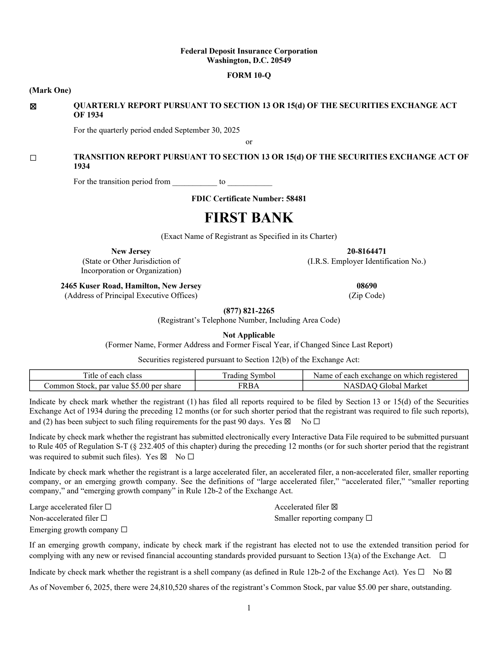 First Bank's Q3 2025 Quarterly report