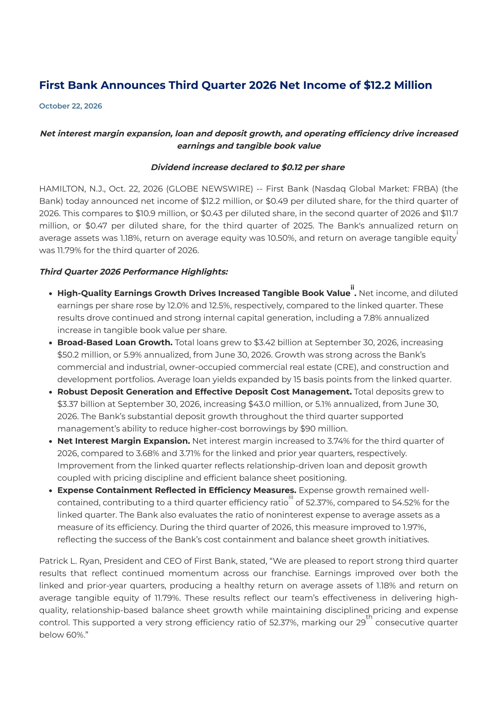 First Bank's Q3 2026 Press Release