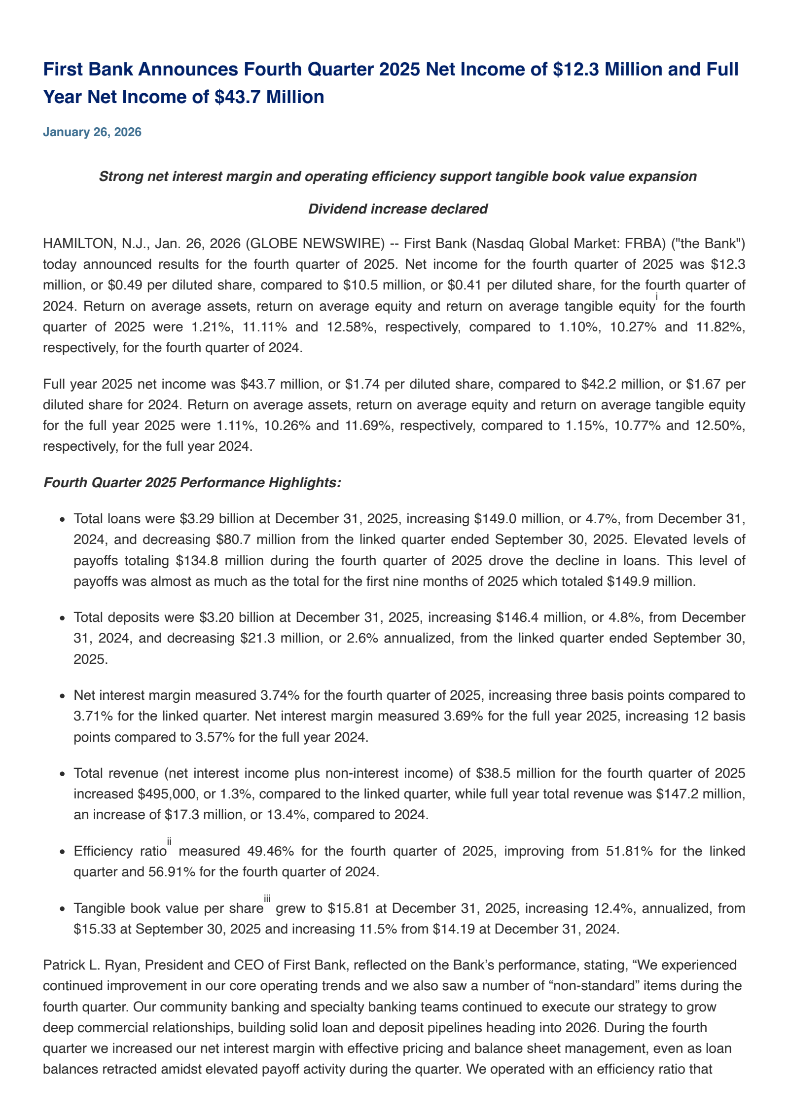 First Bank's Q4 2025 Press Release