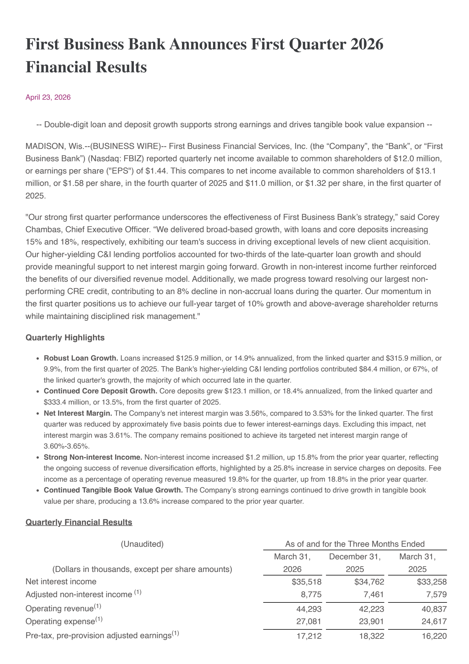 First Business Financial Services' Q1 2026 Press Release