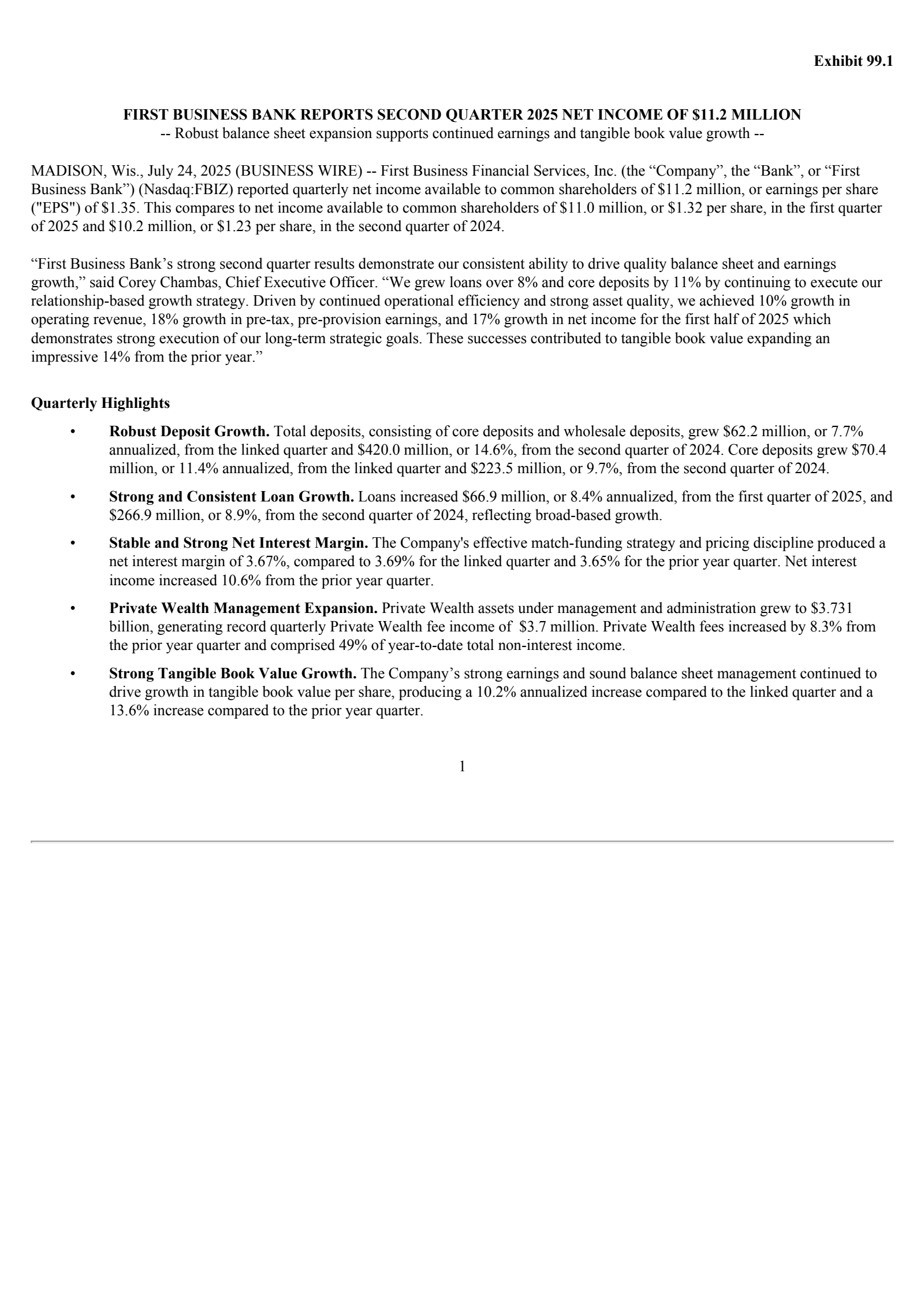 First Business Financial Services' Q2 2025 Press Release