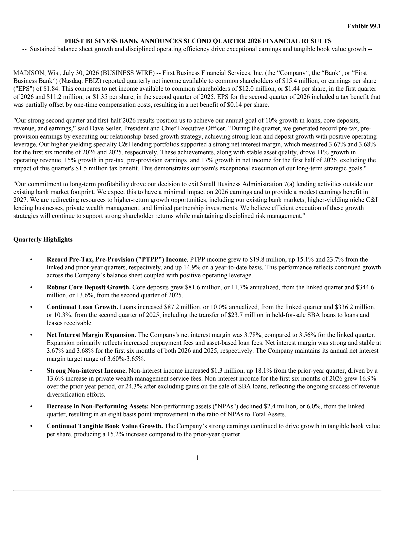 First Business Financial Services' Q2 2026 Press Release