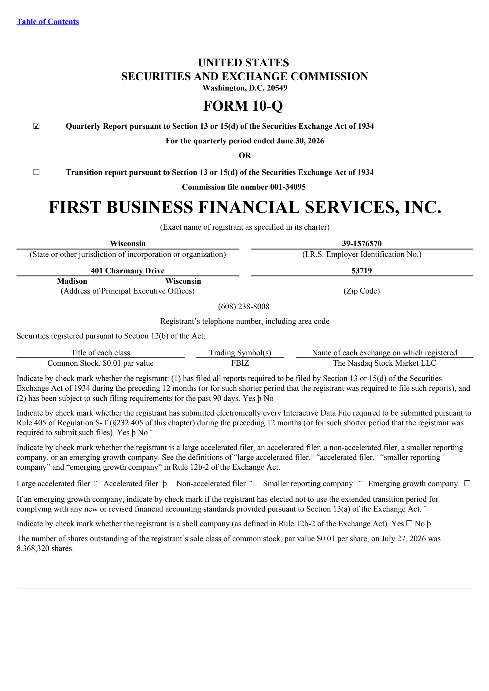 First Business Financial Services' Q2 2026 Quarterly report