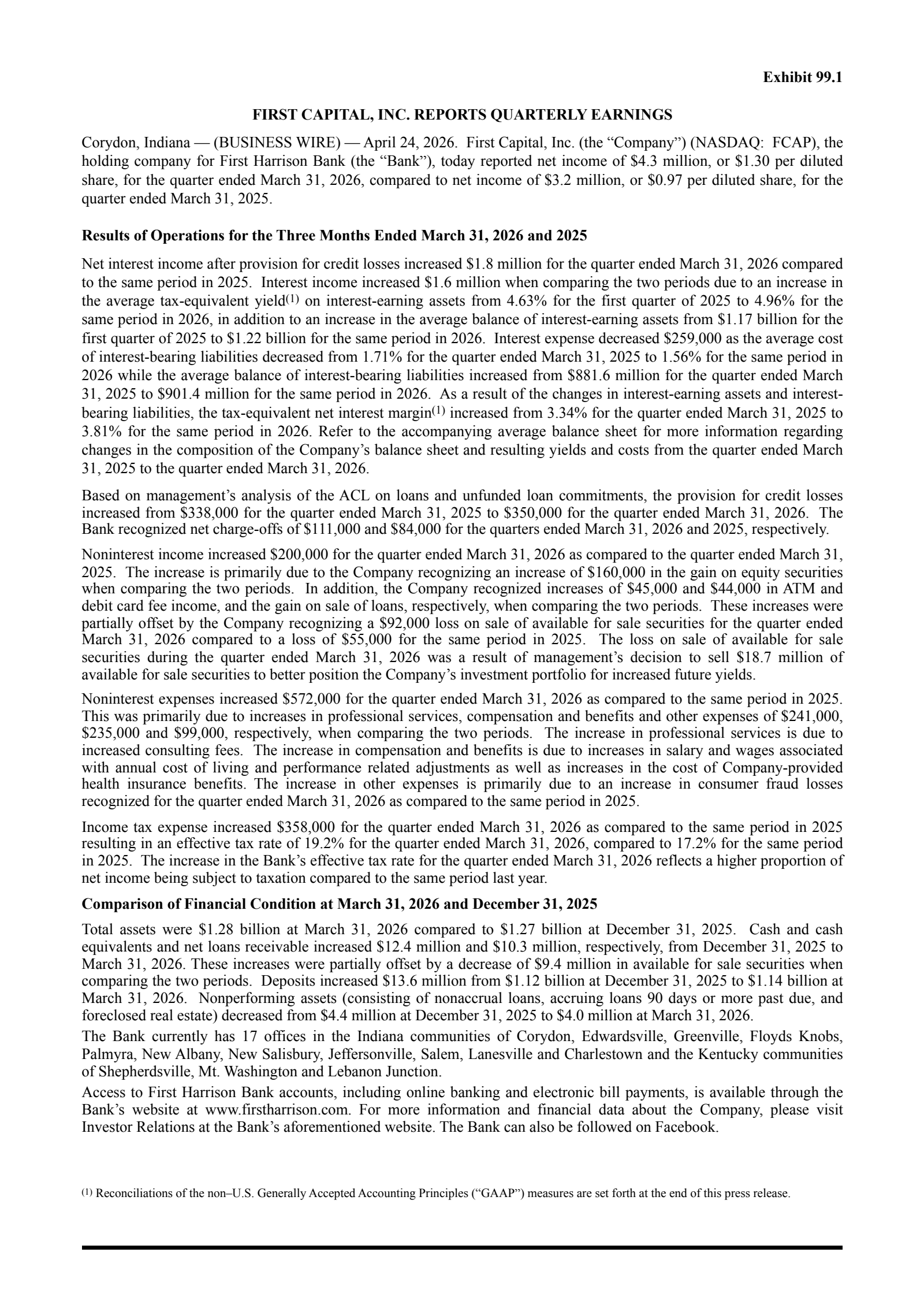 First Capital's Q1 2026 Press Release