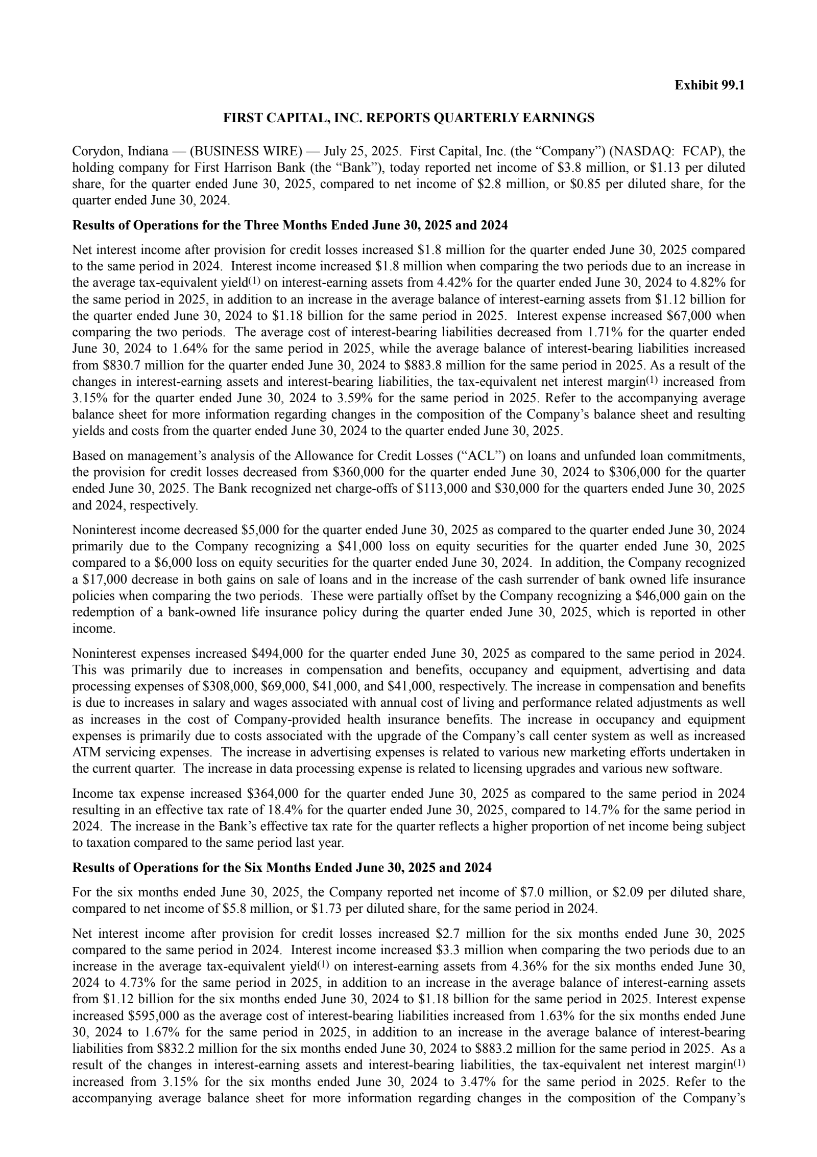First Capital's Q2 2025 Press Release