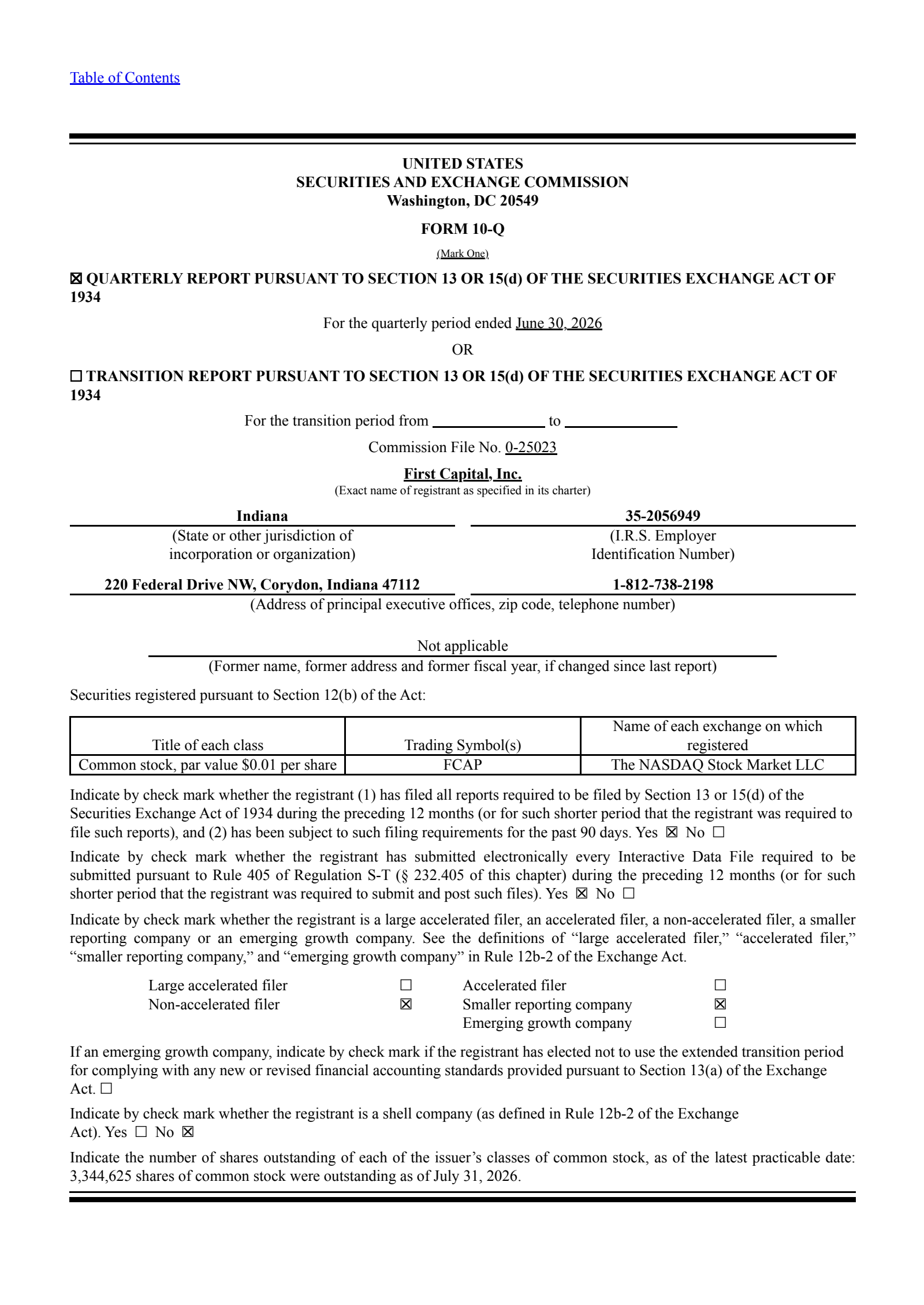 First Capital's Q2 2026 Quarterly report
