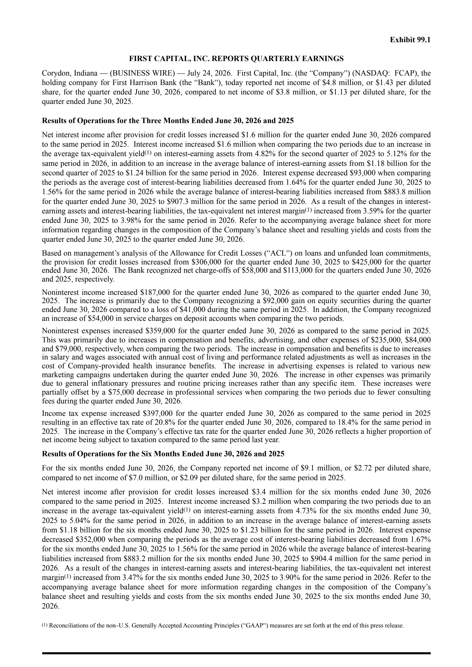 First Capital's Q2 2026 Press Release