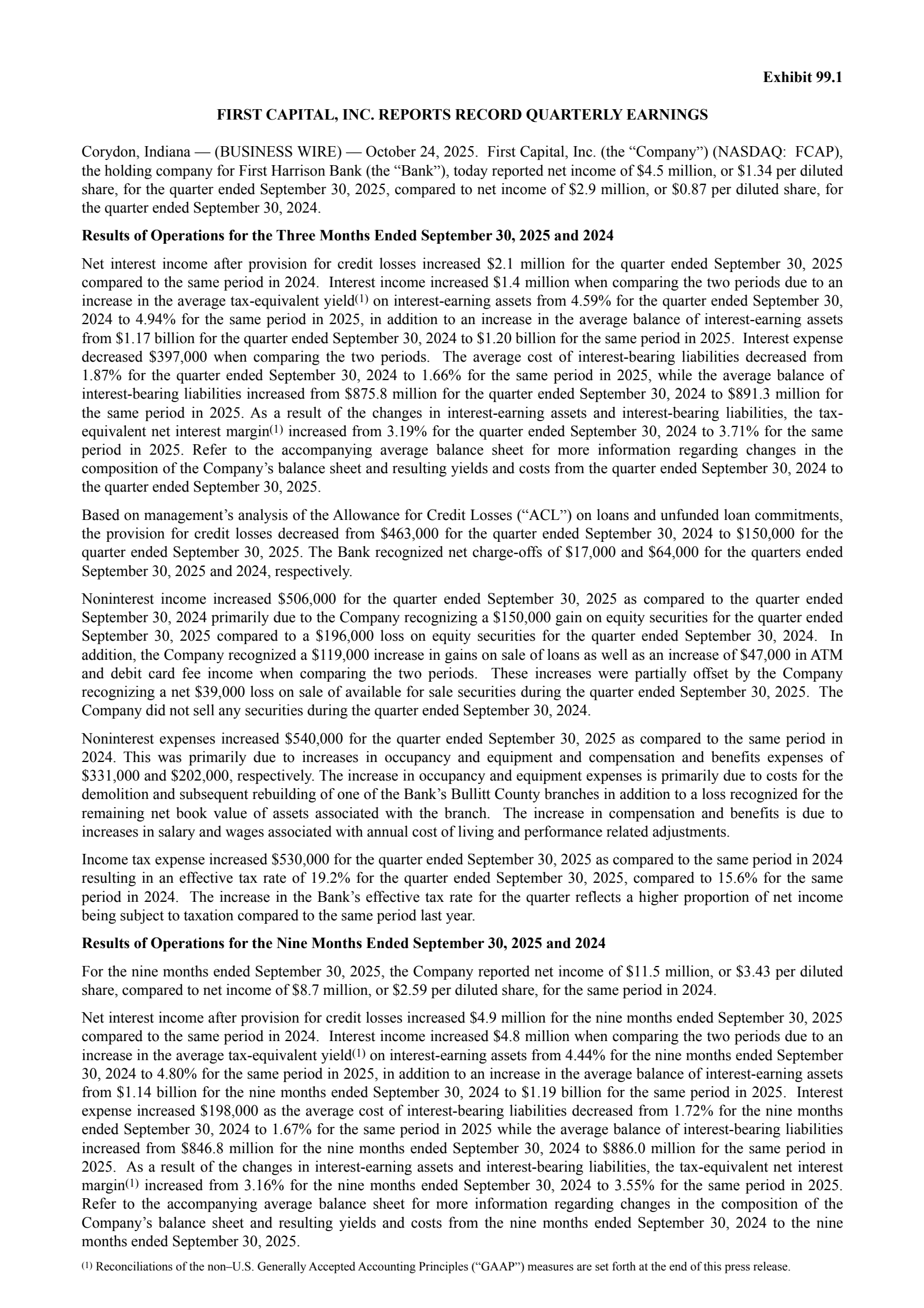 First Capital's Q3 2025 Earnings Release