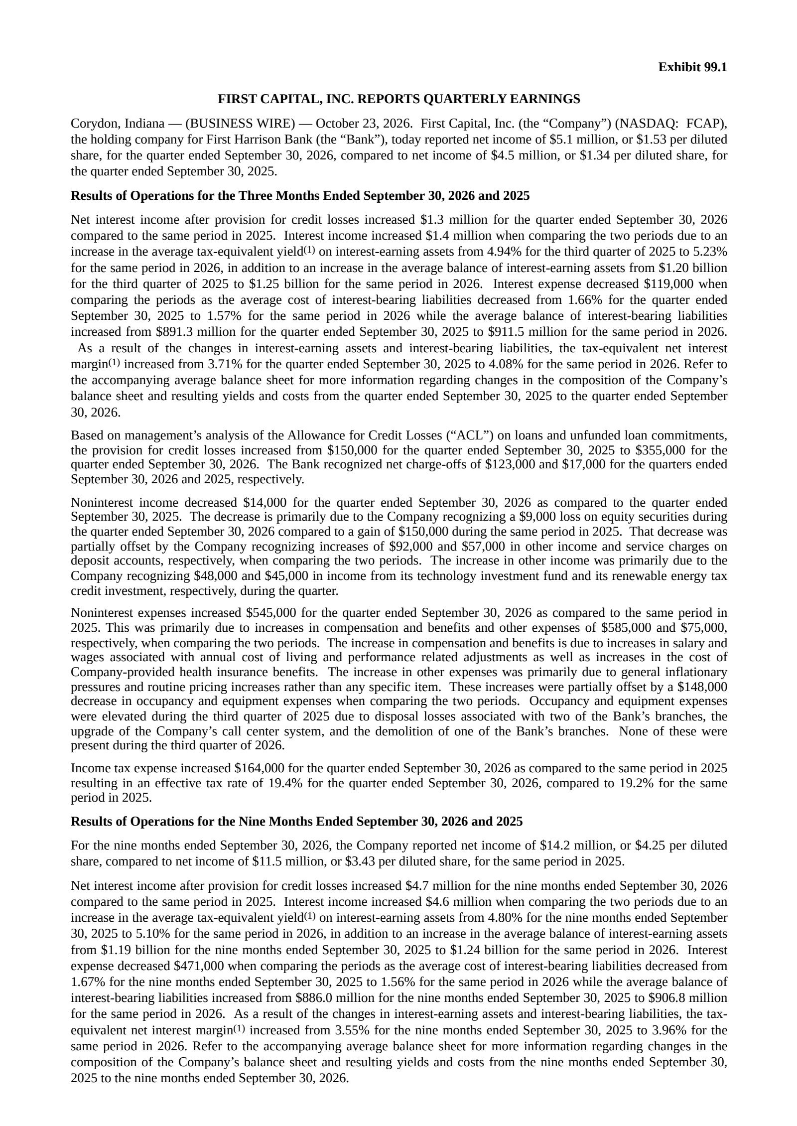 First Capital's Q3 2026 Press Release