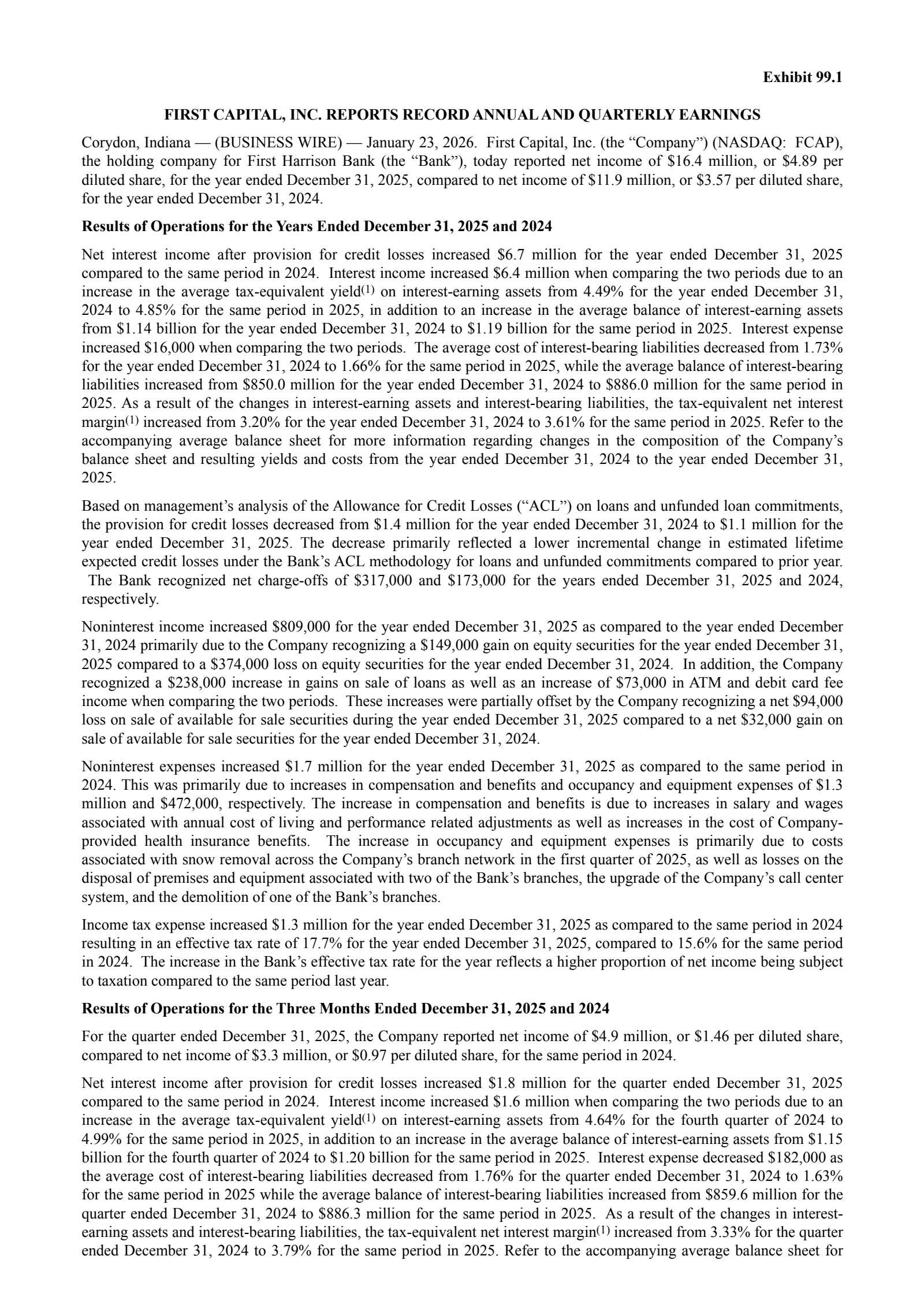 First Capital's Q4 2025 Press Release