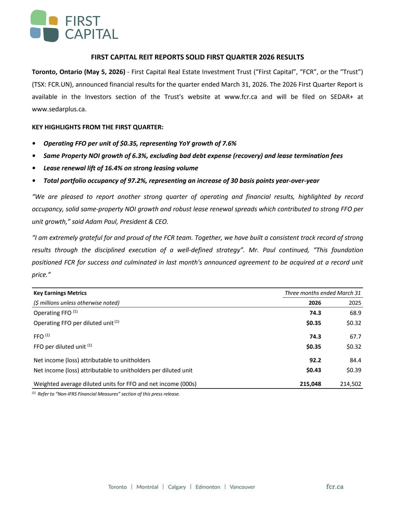 First Capital Real Estate Investment Trust's Q1 2026 Press Release