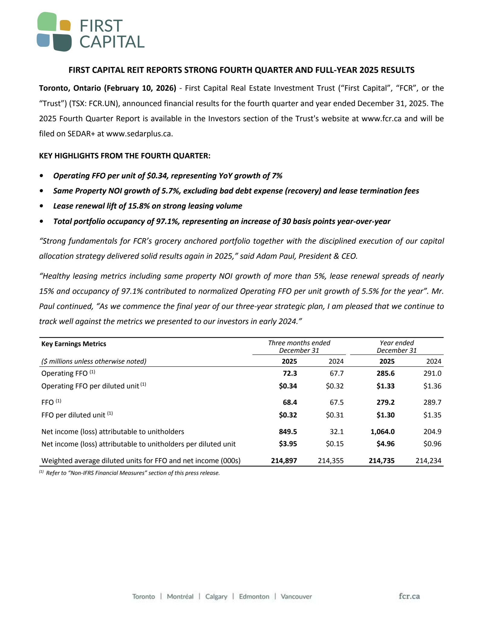 First Capital Real Estate Investment Trust's Q4 2025 Press Release