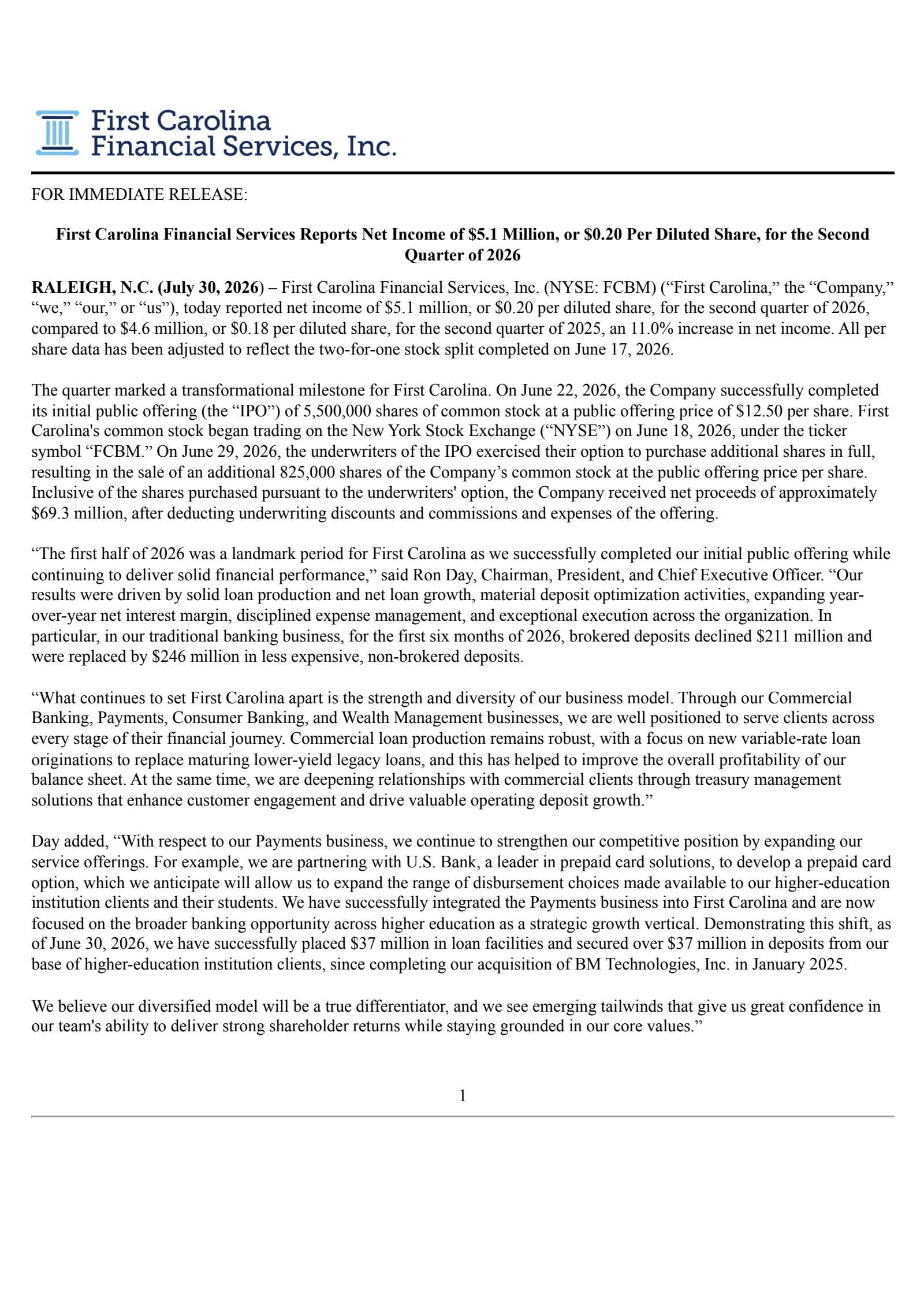 First Carolina Financial Services' Q2 2026 Press Release