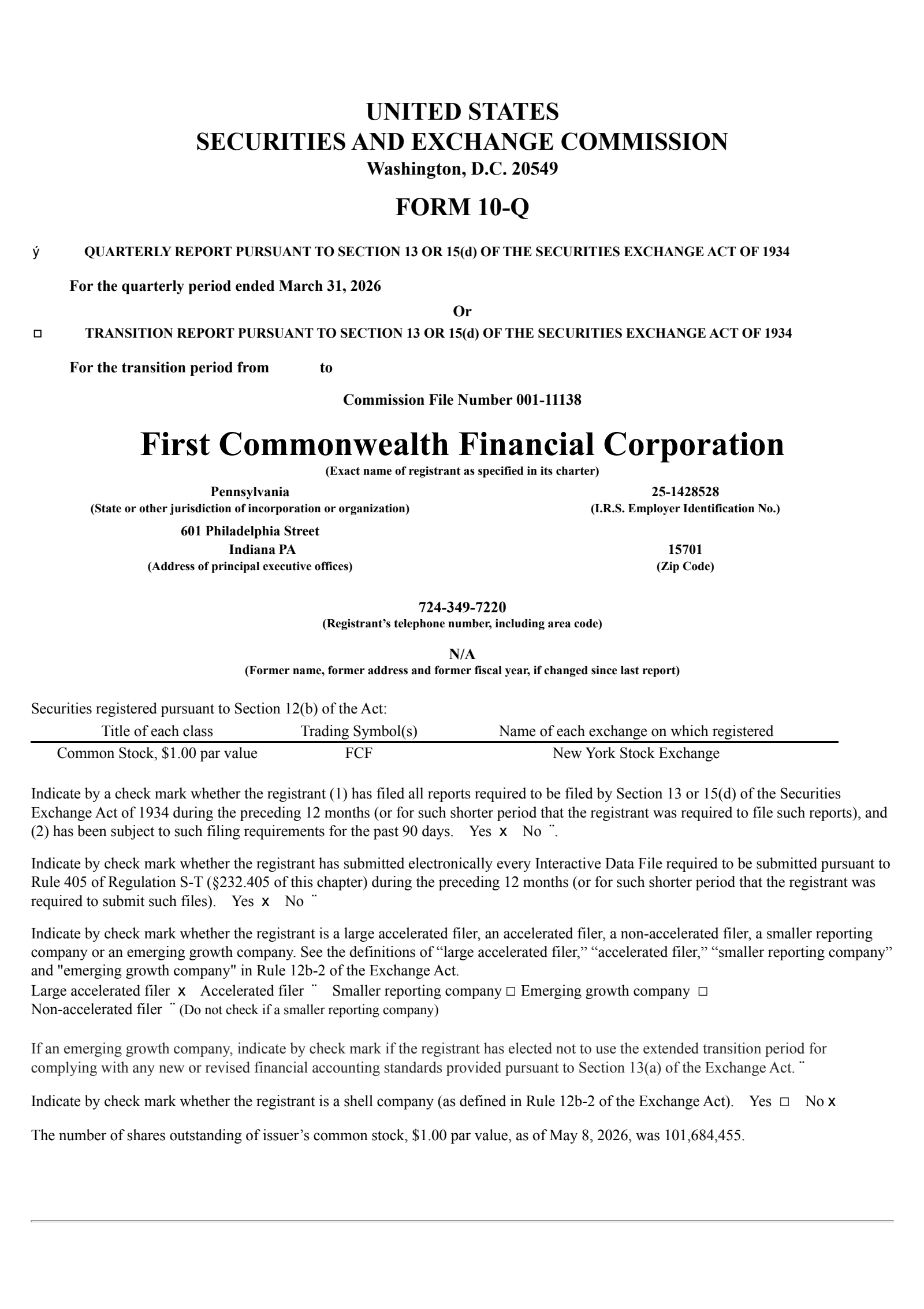 First Commonwealth Financial's Q1 2026 Quarterly report