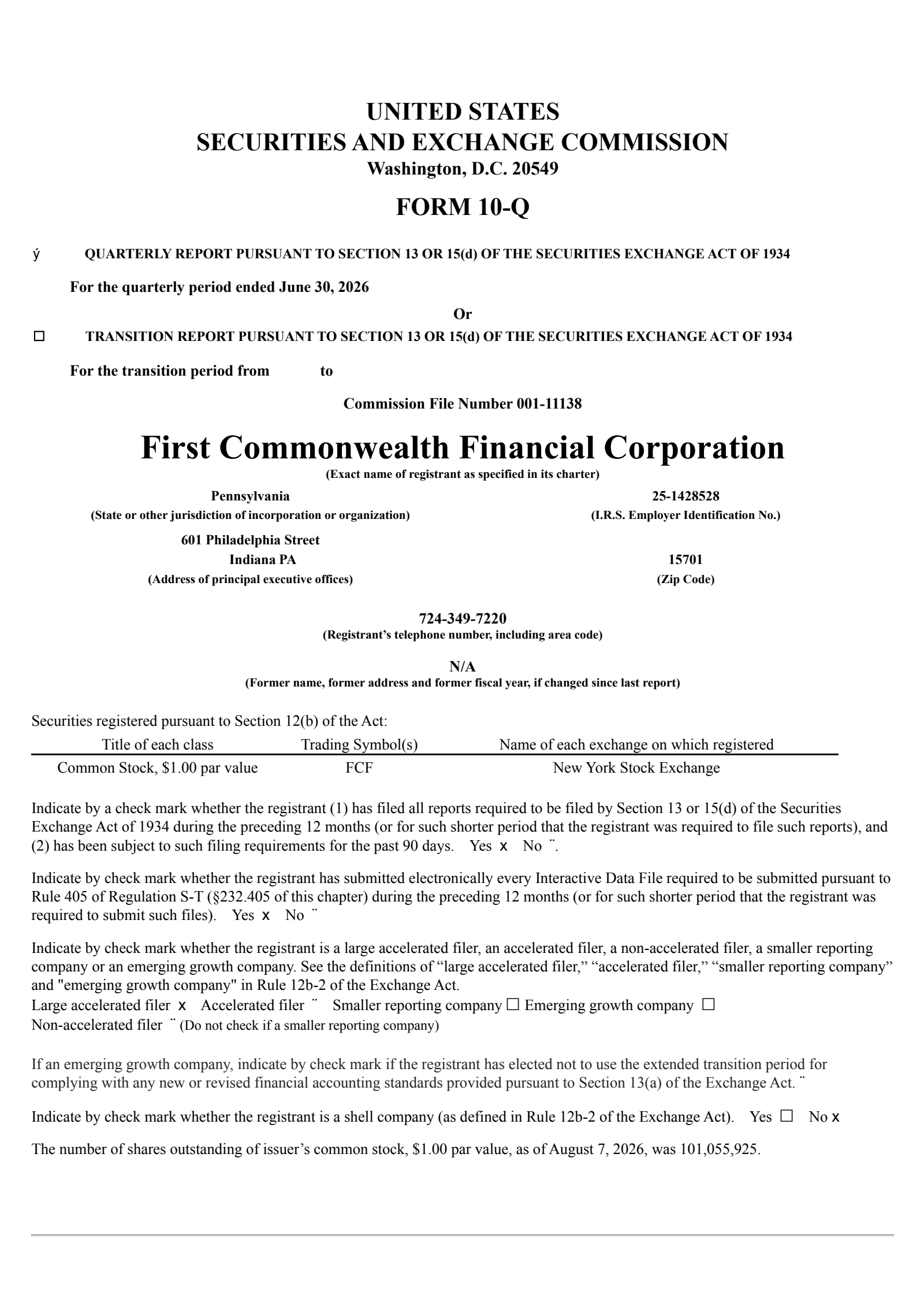 First Commonwealth Financial's Q2 2026 Quarterly report