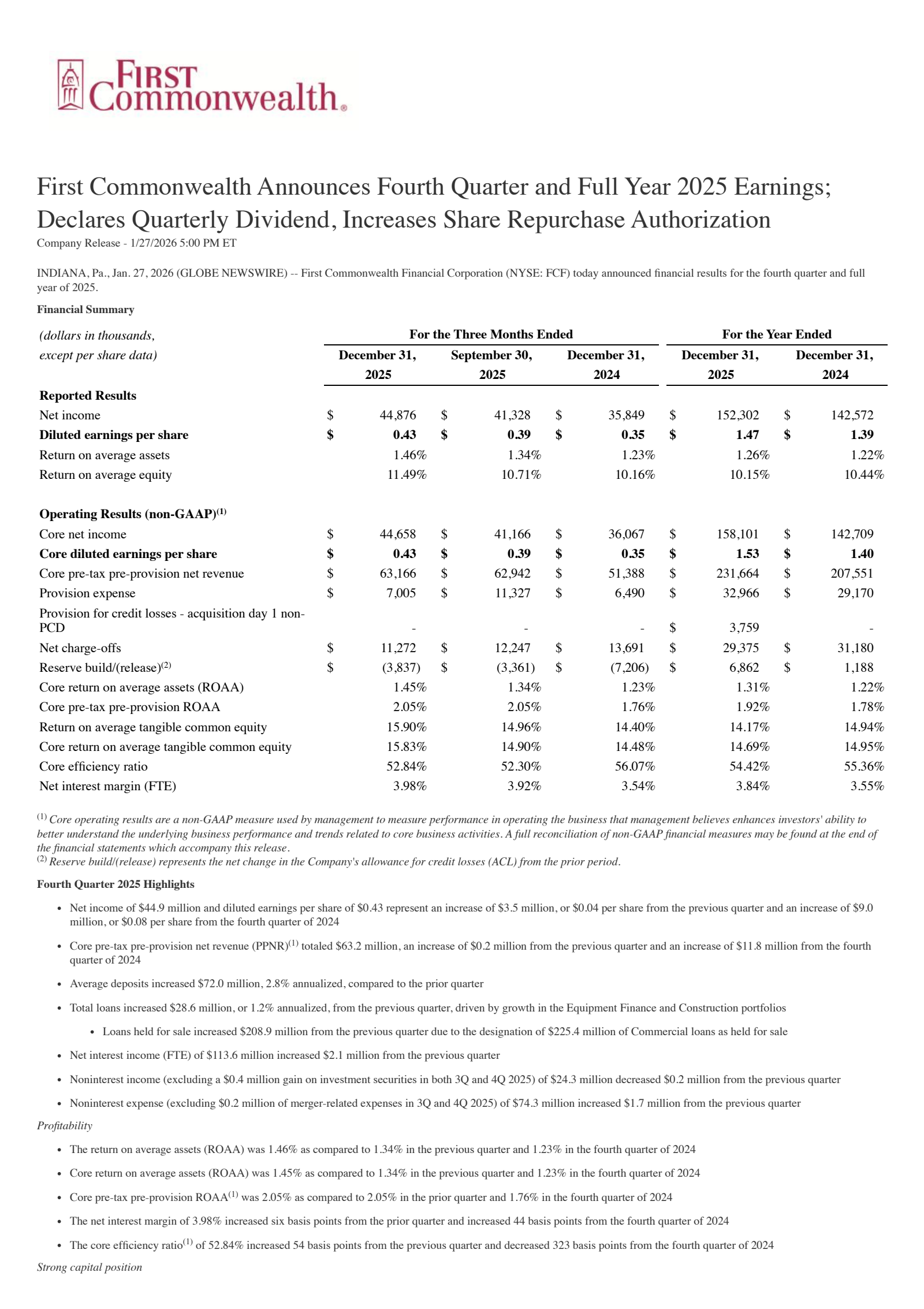 First Commonwealth Financial's Q4 2025 Press Release