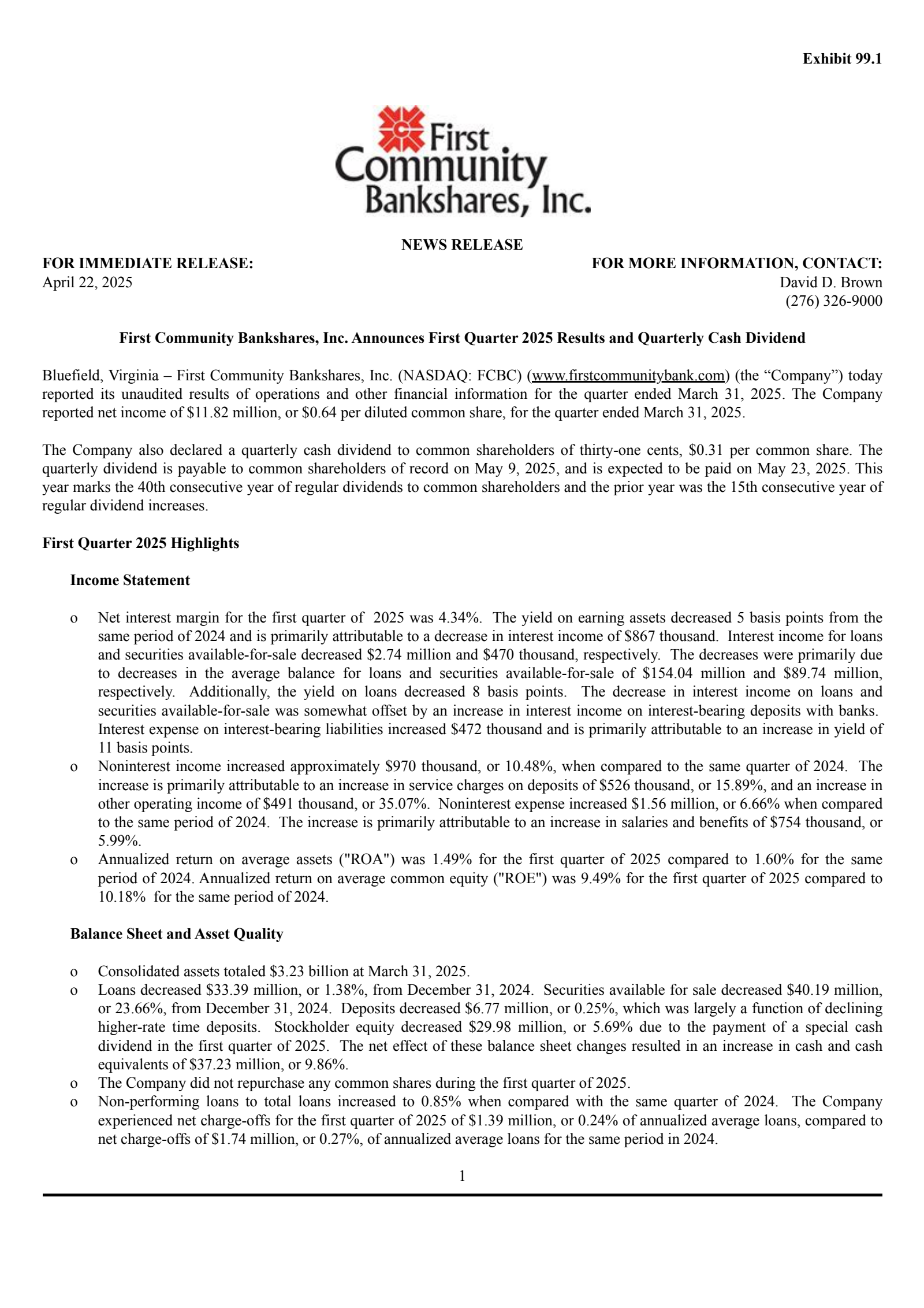 First Community Bankshares' Q1 2025 Press Release