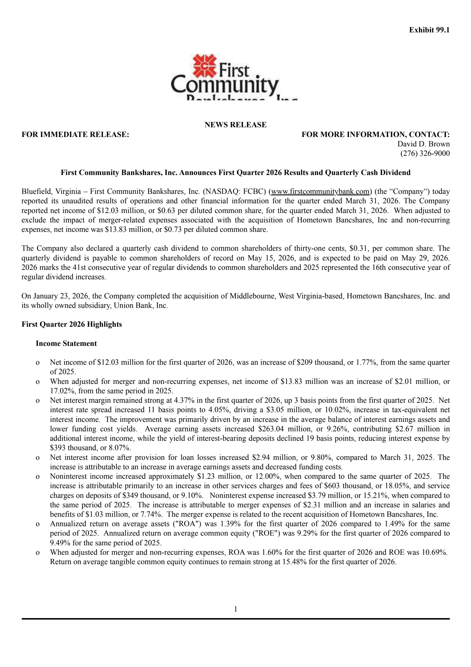 First Community Bancshares' Q1 2026 Press Release