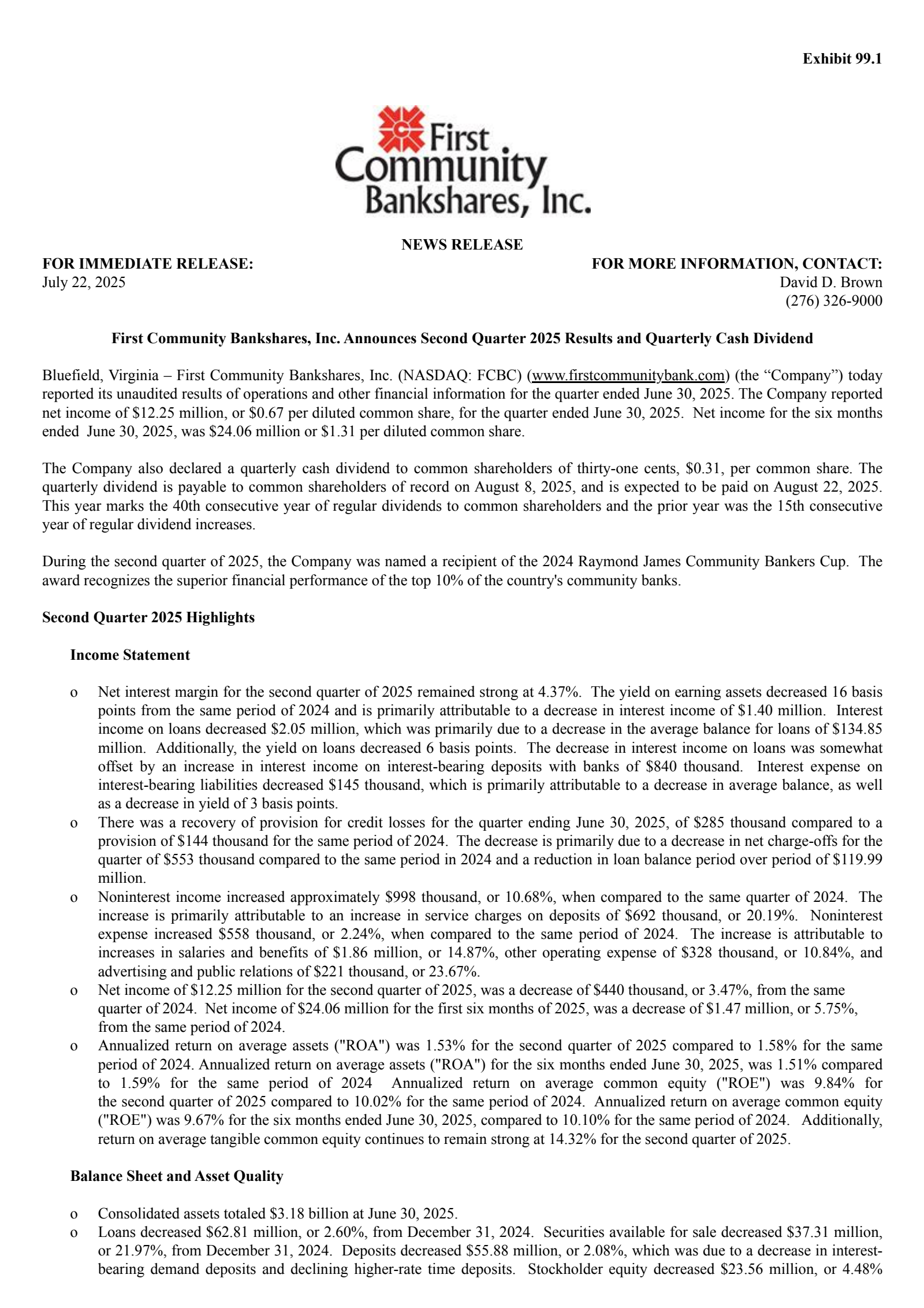 First Community Bancshares' Q2 2025 Press Release