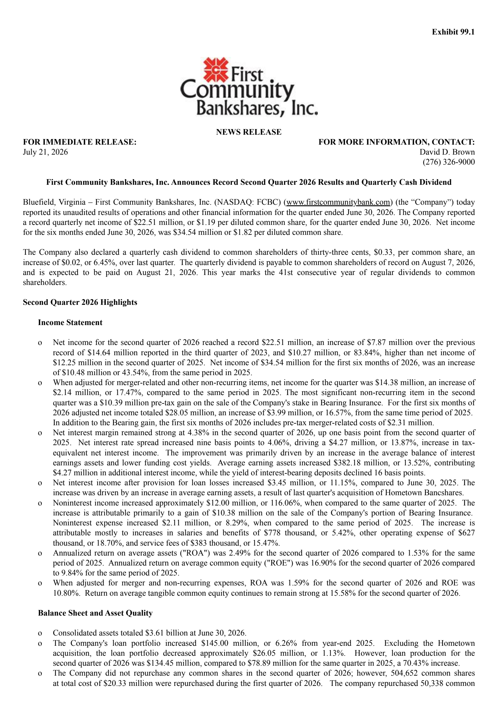 First Community Bancshares' Q2 2026 Press Release