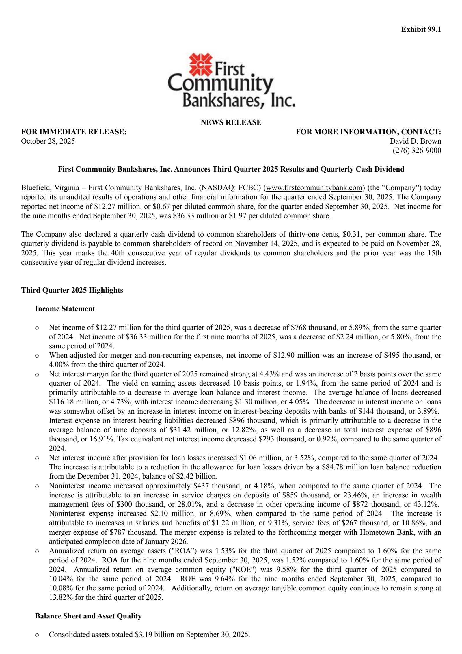 First Community Bancshares' Q3 2025 Earnings Release