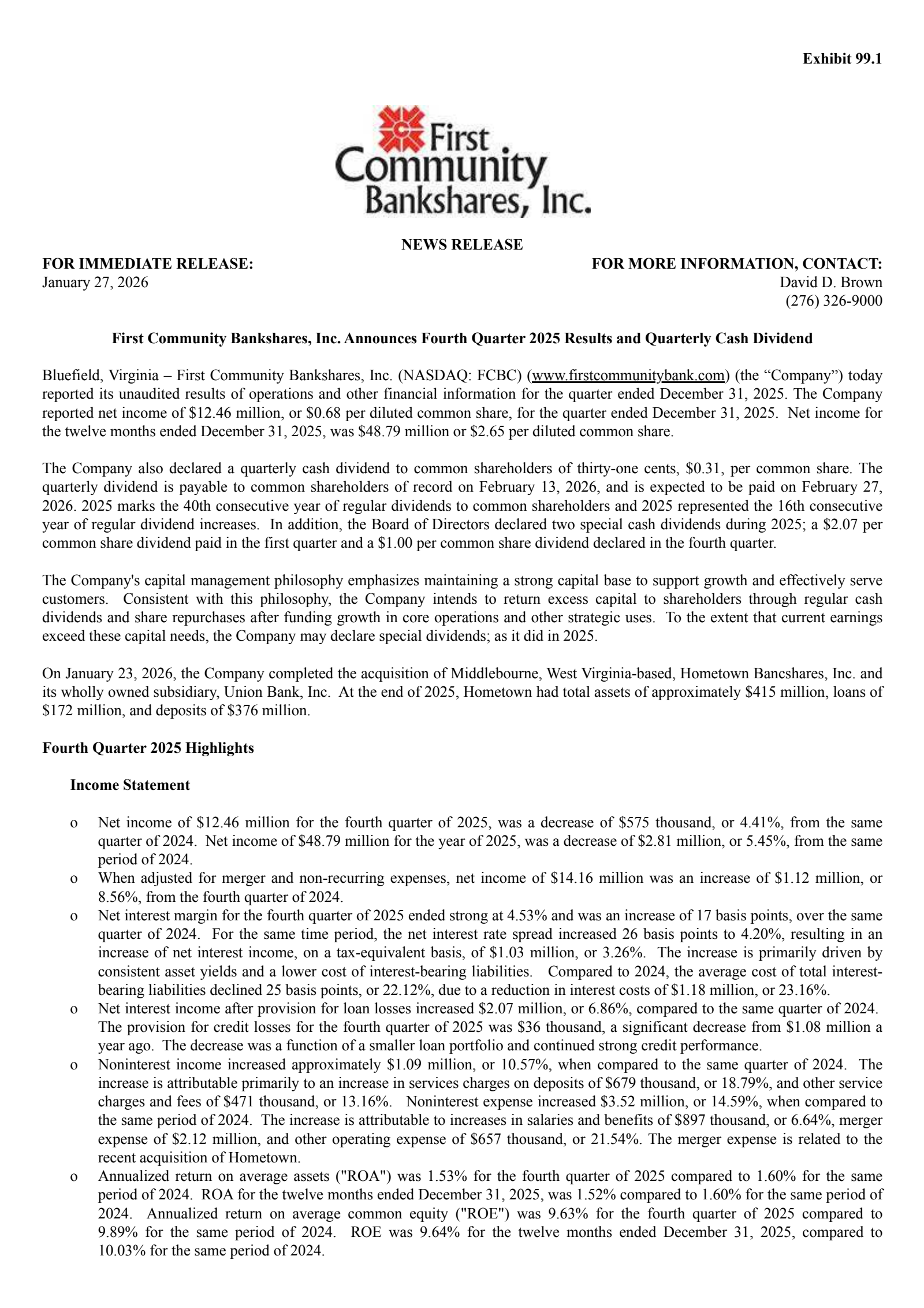 First Community Bancshares' Q4 2025 Press Release