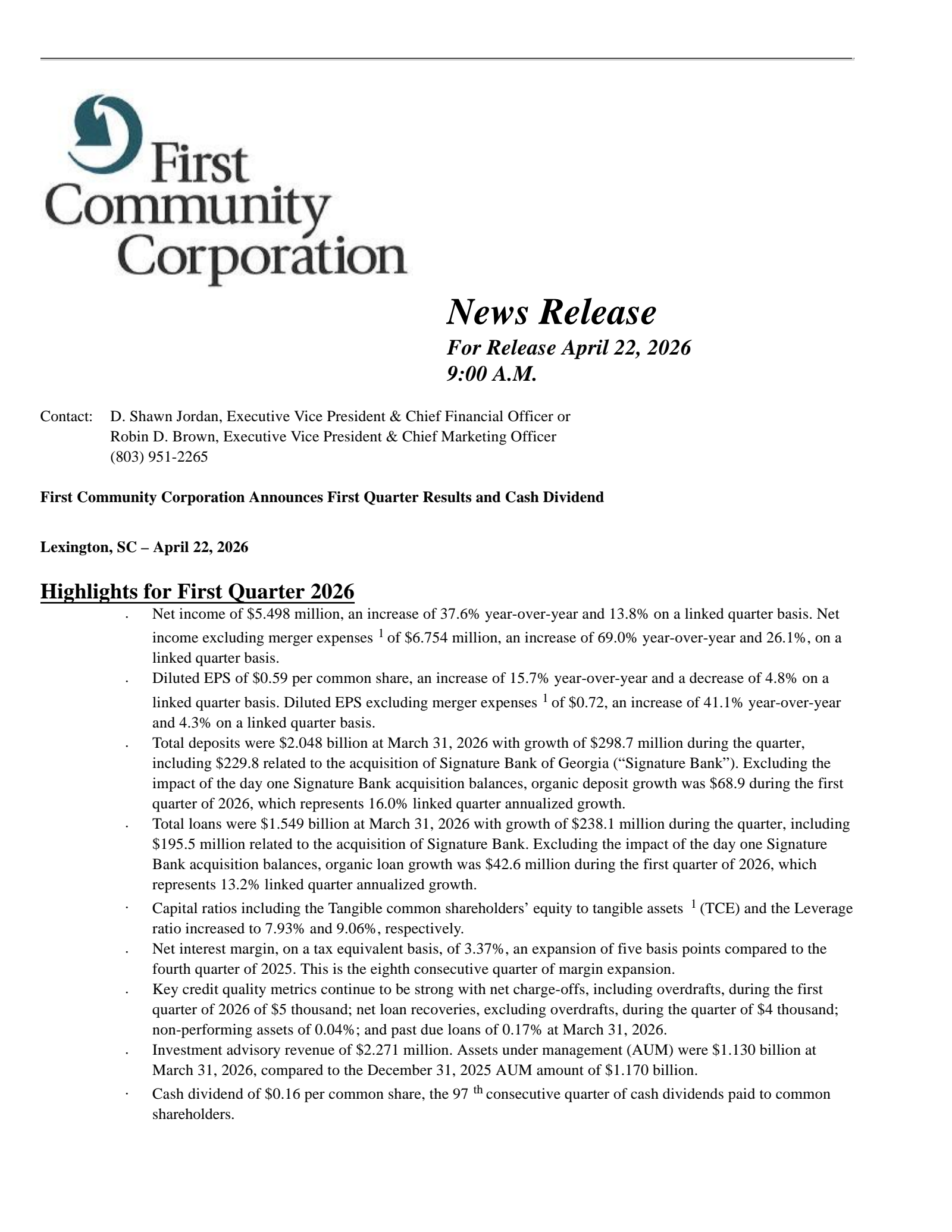 First Community's Q1 2026 Press Release