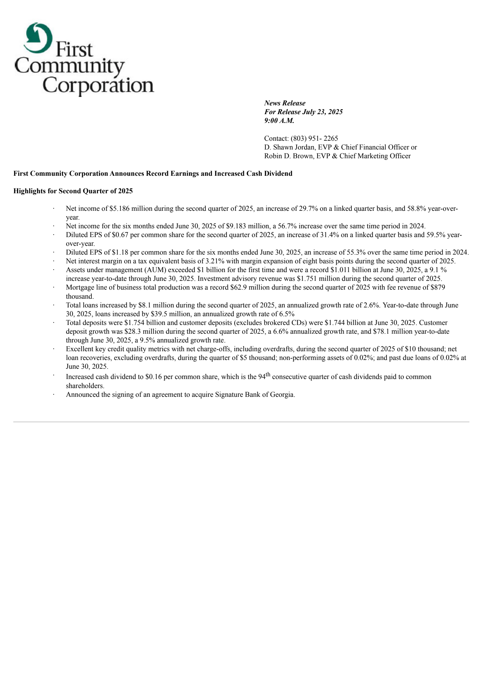 First Community's Q2 2025 Press Release