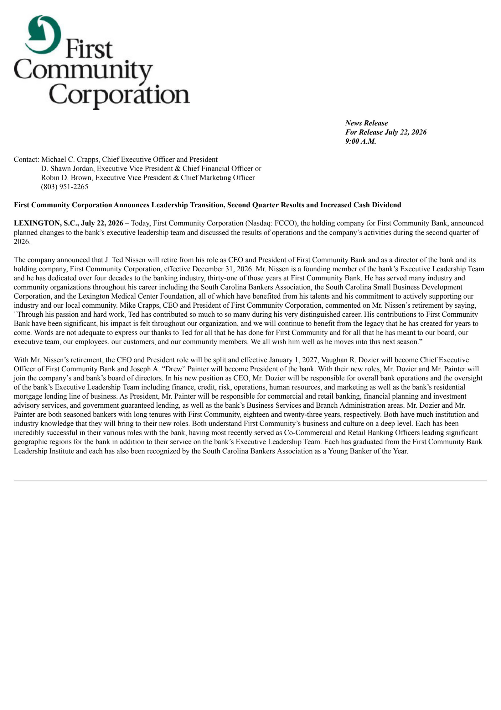 First Community's Q2 2026 Press Release