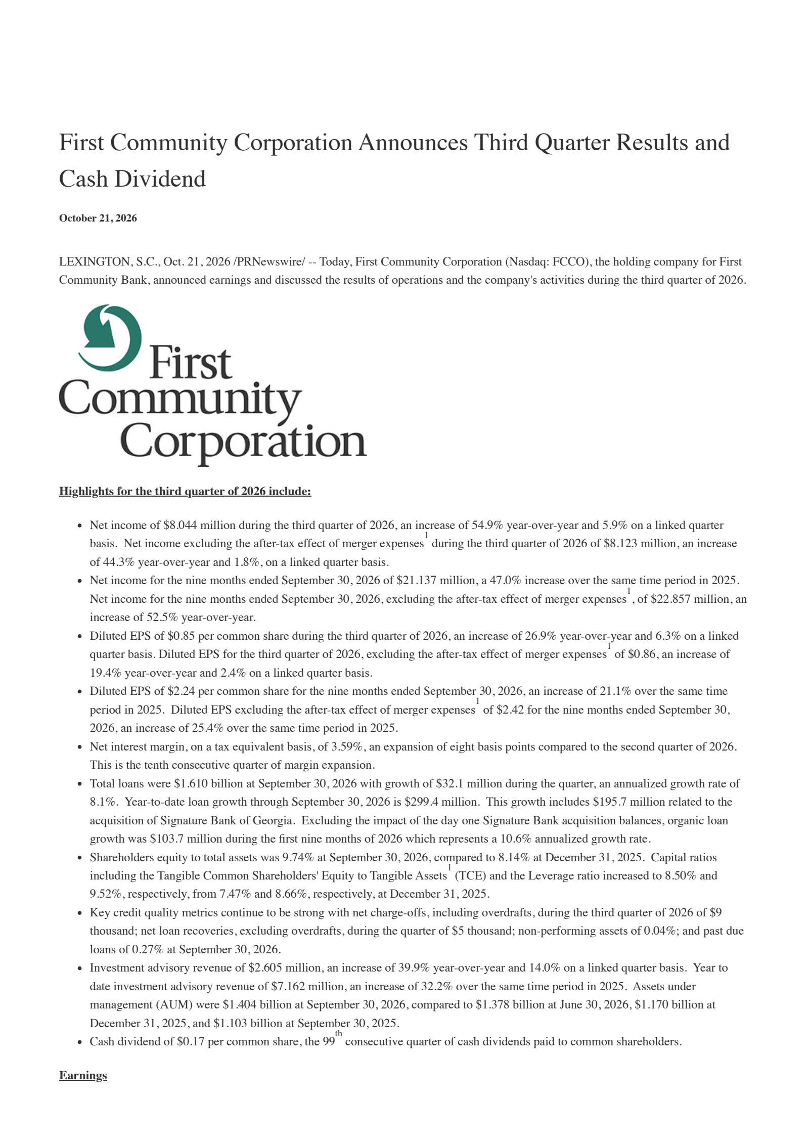 First Community (FCCO) Q3 2026 Earnings Results & Report