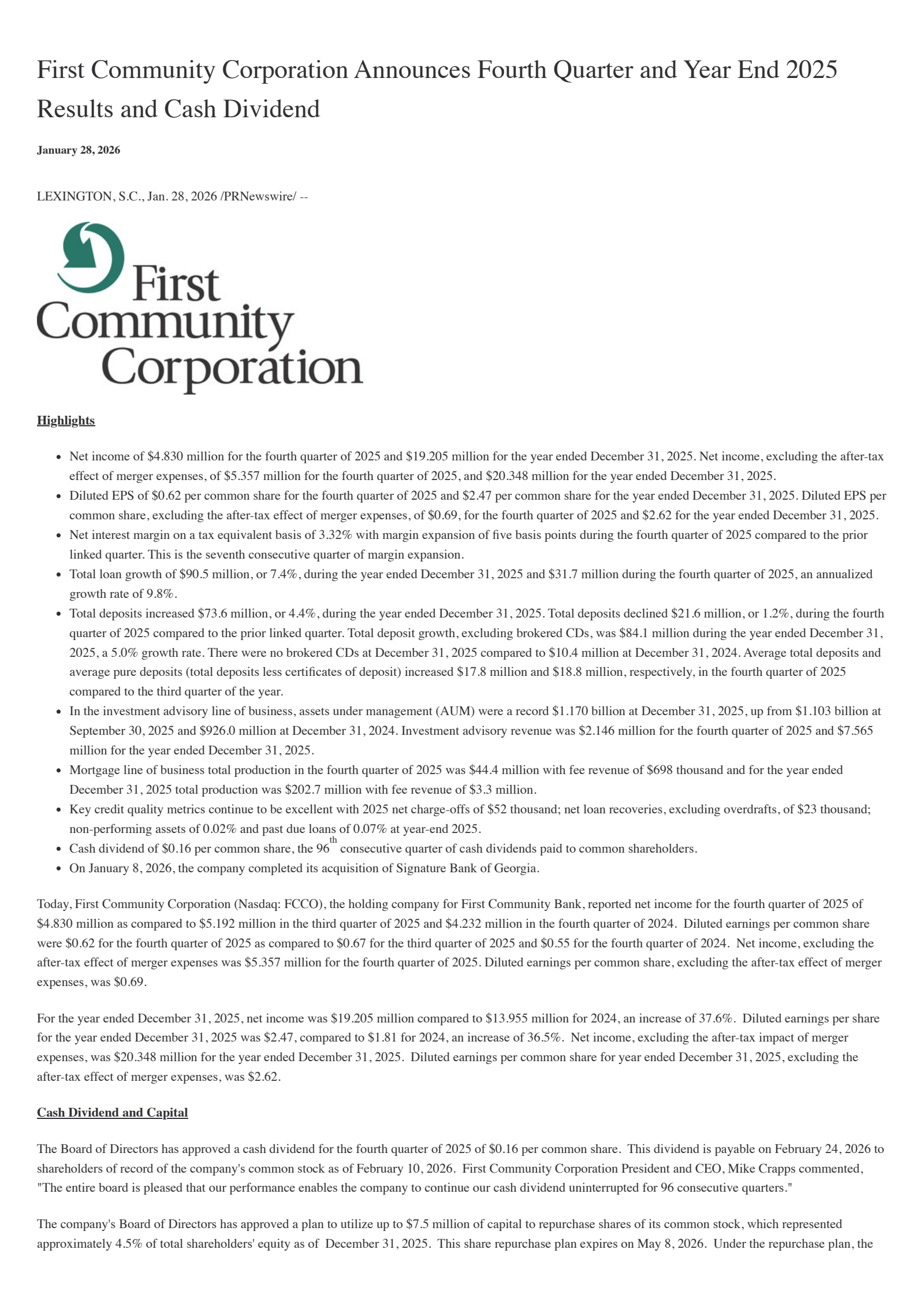 First Community's Q4 2025 Press Release