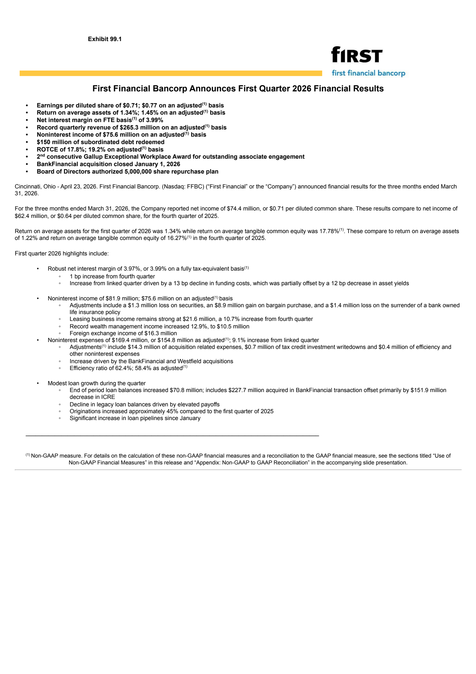 First Financial Bancorp.'s Q1 2026 Press Release
