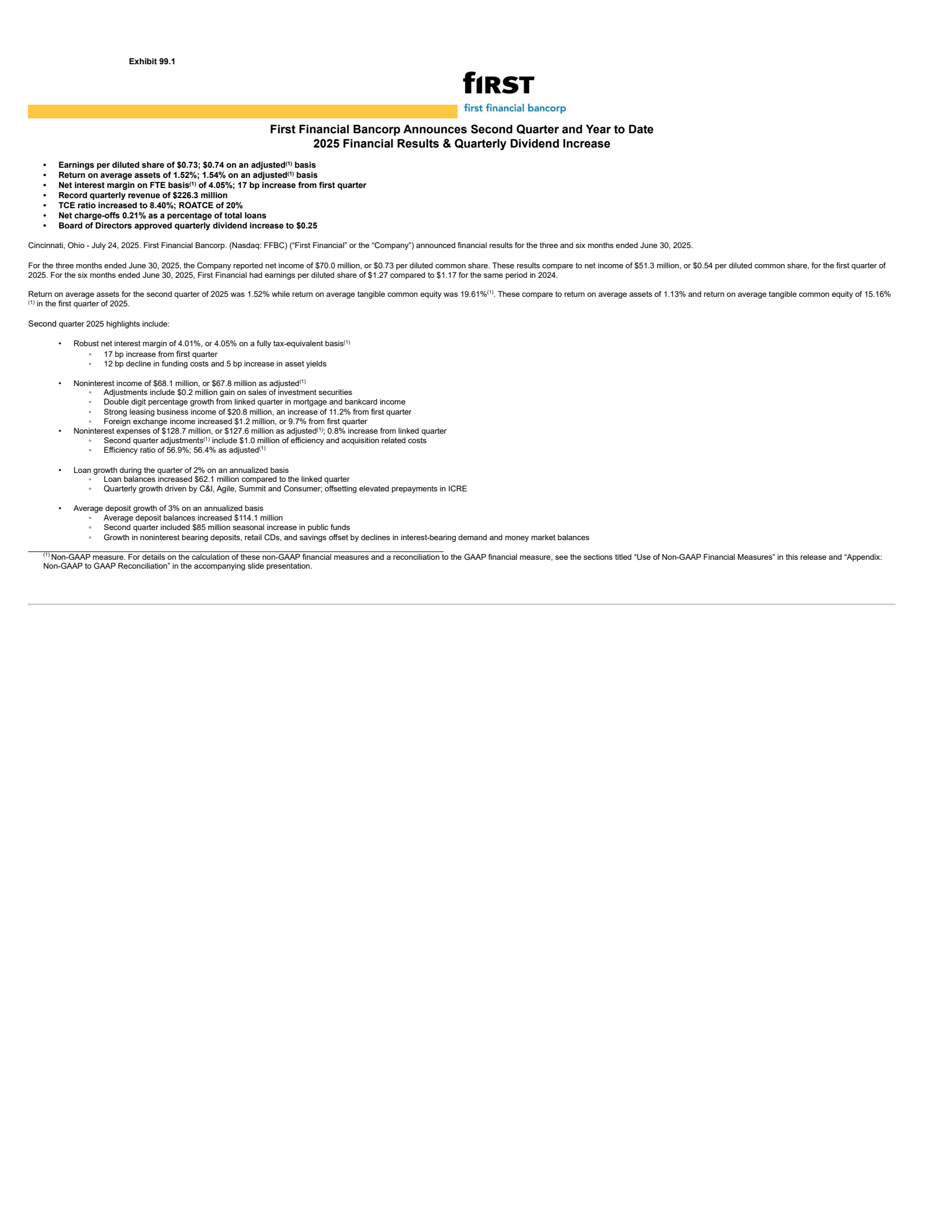 First Financial Bancorp.'s Q2 2025 Press Release