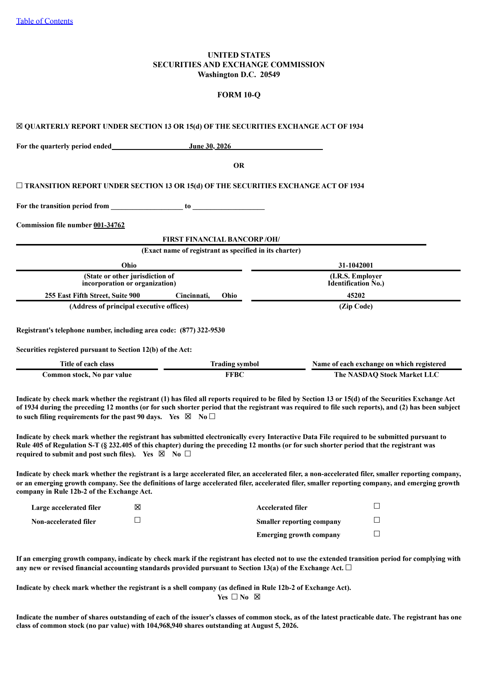 First Financial Bancorp.'s Q2 2026 Quarterly report
