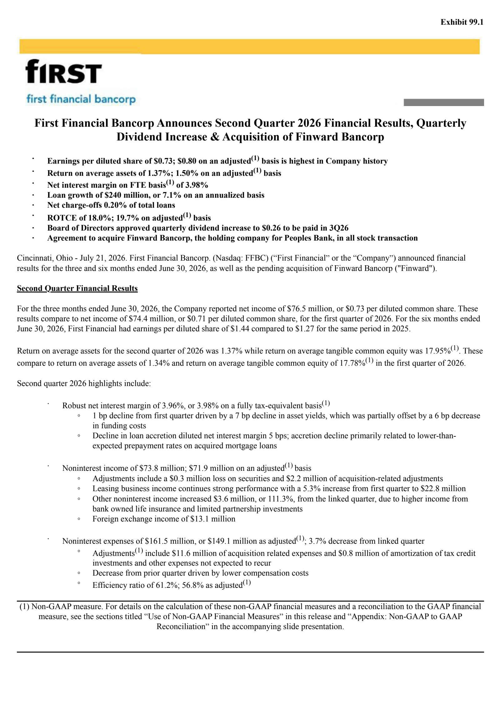 First Financial Bancorp.'s Q2 2026 Press Release