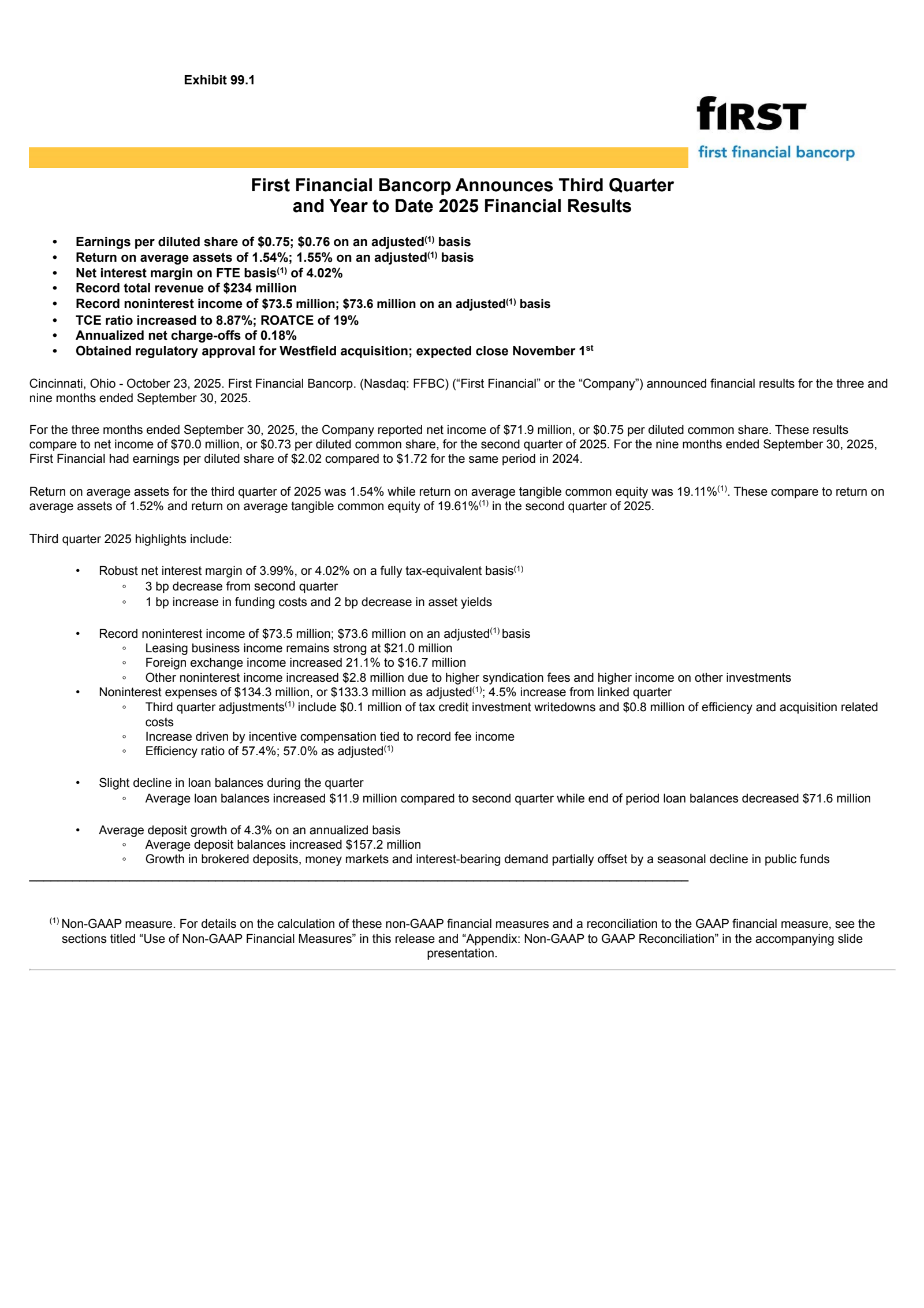 First Financial Bancorp.'s Q3 2025 Earnings Release