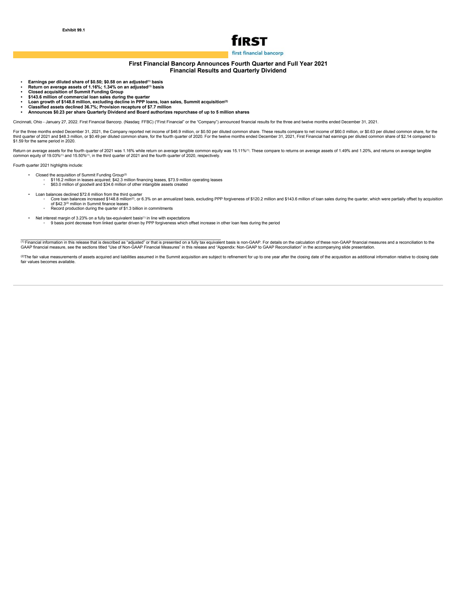 First Financial Bancorp.'s Q4 2021 Press Release