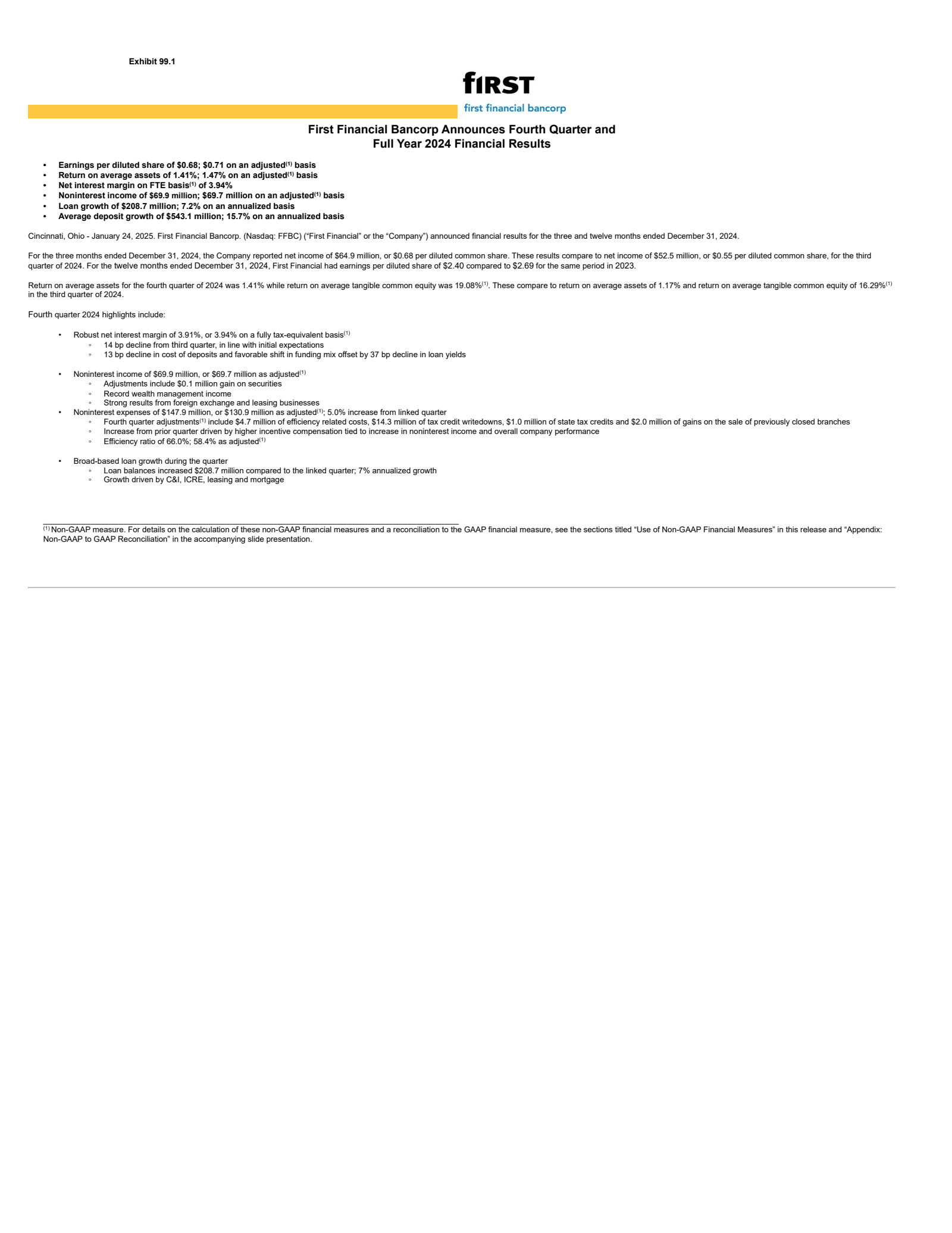 First Financial Bancorp.'s Q4 2024 Press Release