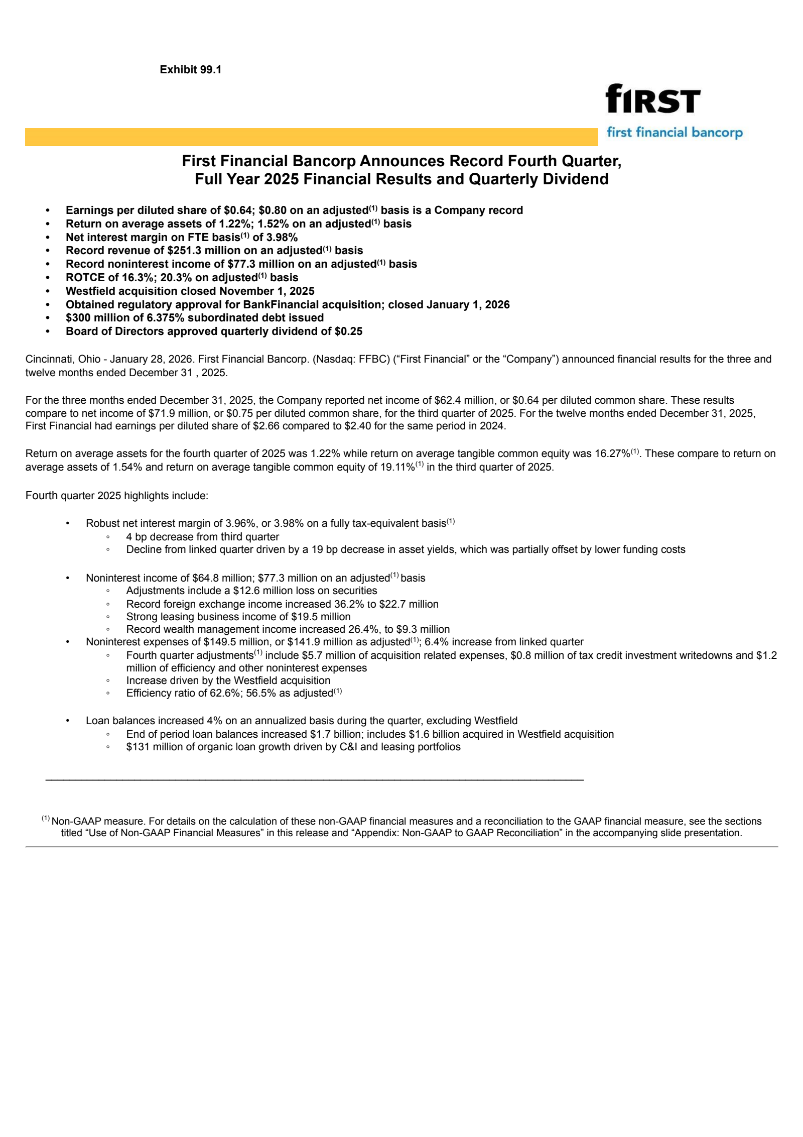 First Financial Bancorp.'s Q4 2025 Press Release
