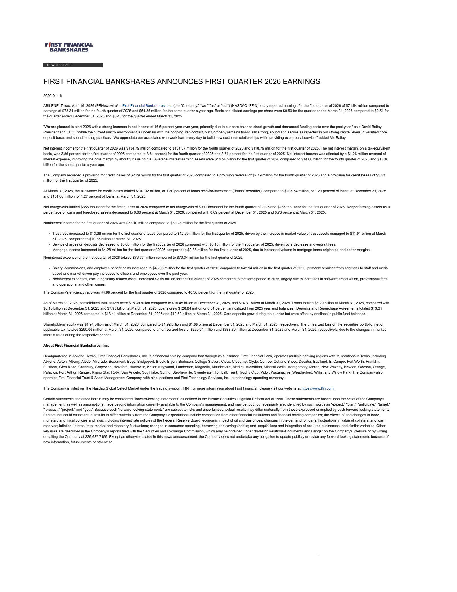 First Financial Bankshares' Q1 2026 Press Release
