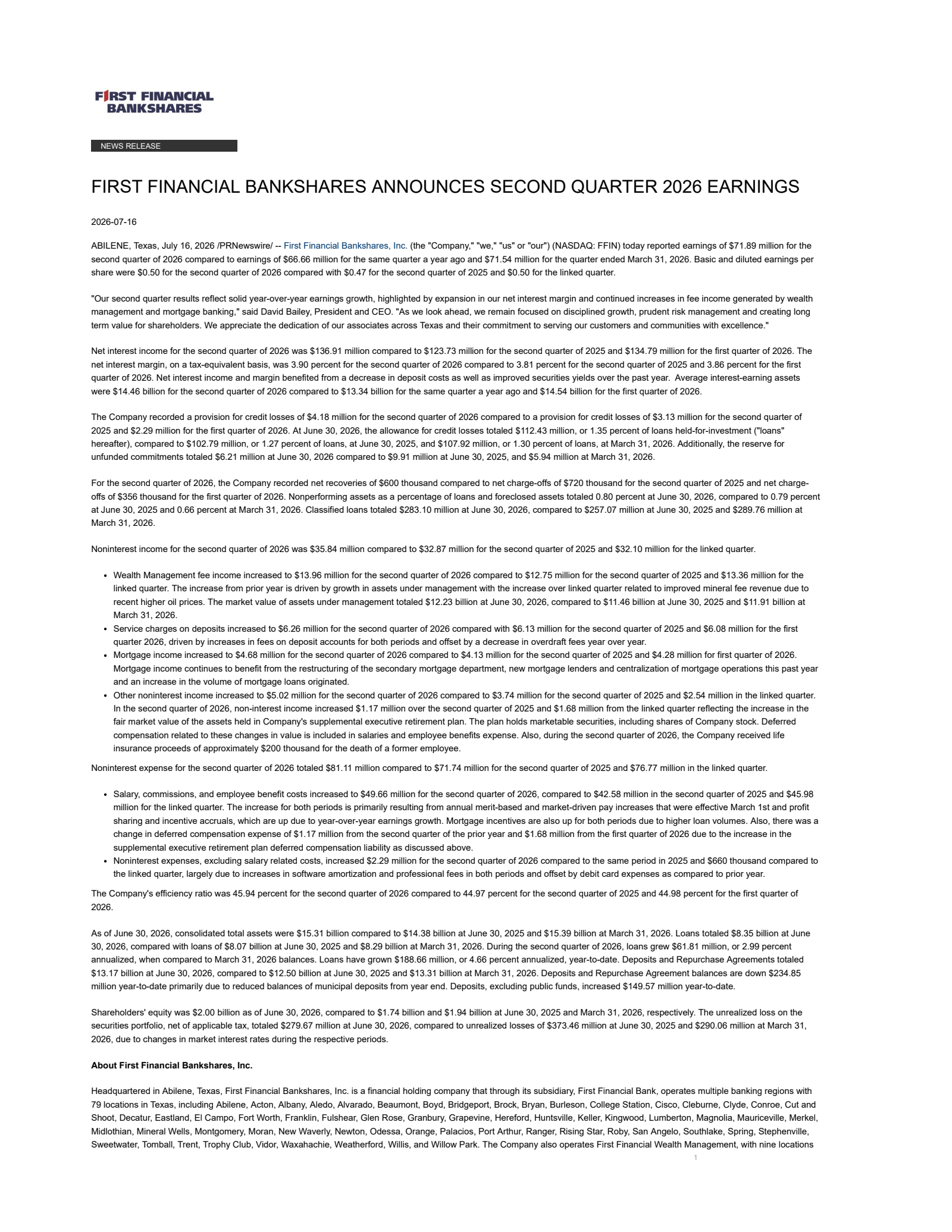 FFIN Q2 2026 Earnings Report on 7/17/2026