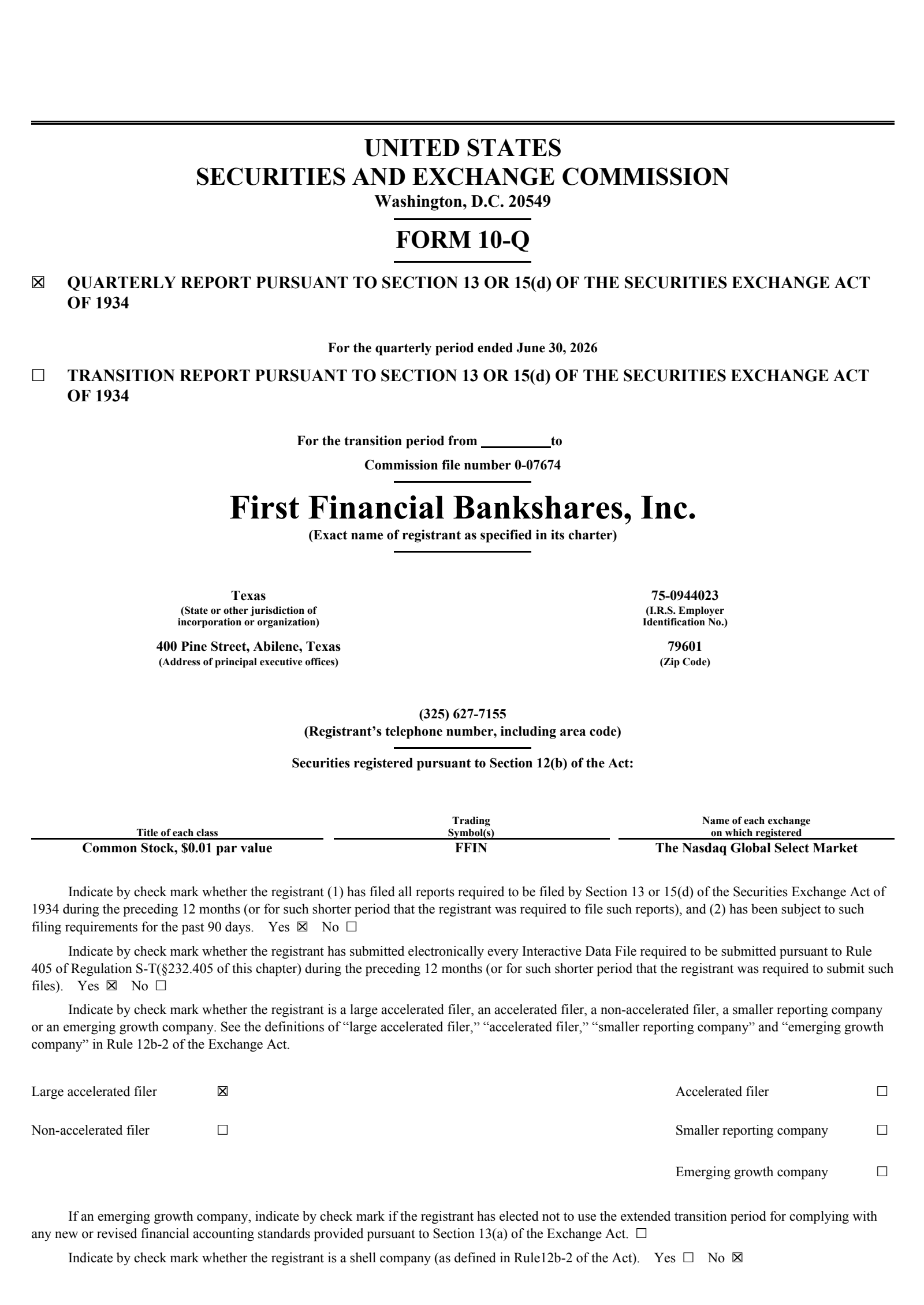First Financial Bankshares' Q2 2026 Quarterly report