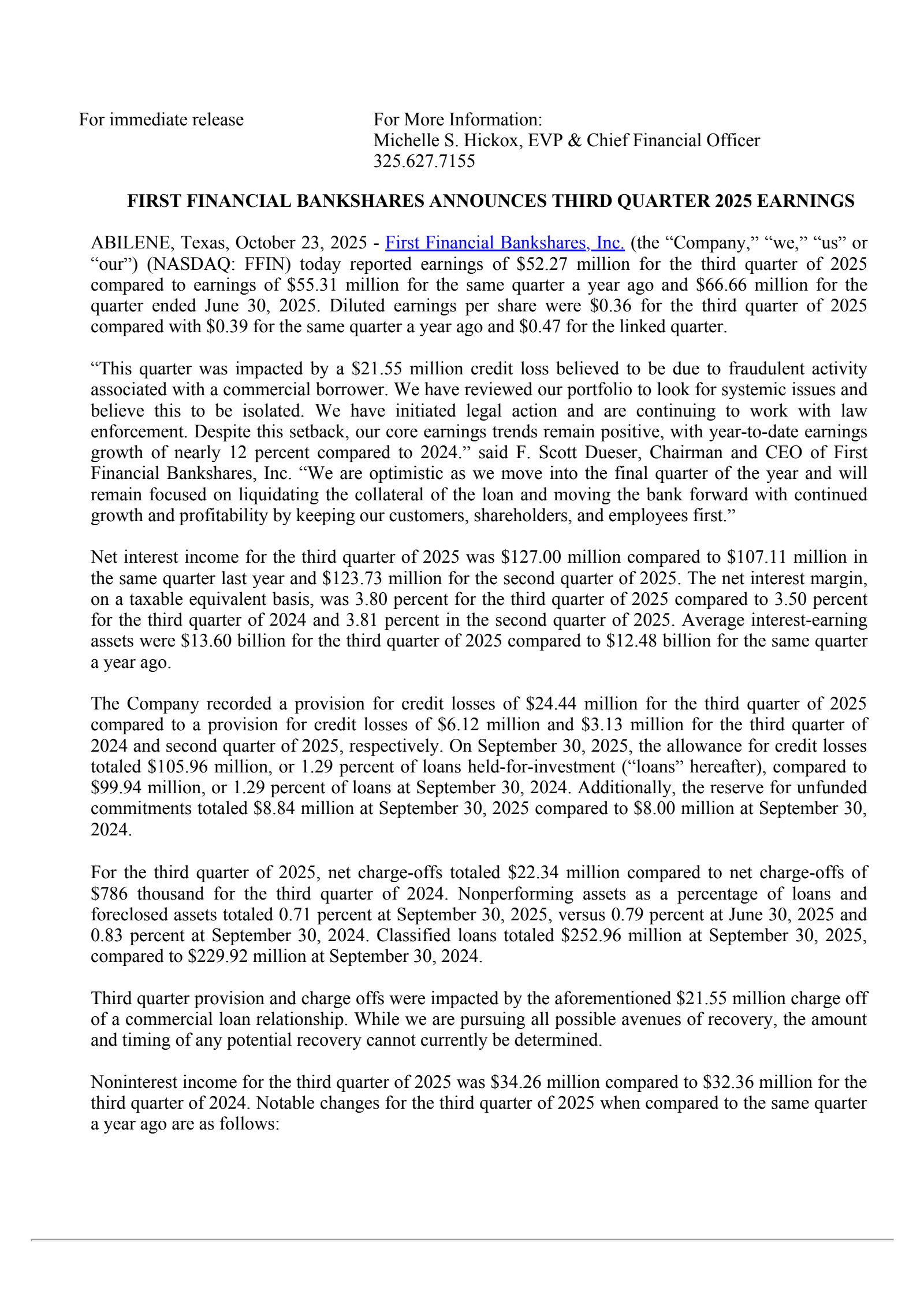 First Financial Bankshares' Q3 2025 Earnings Release