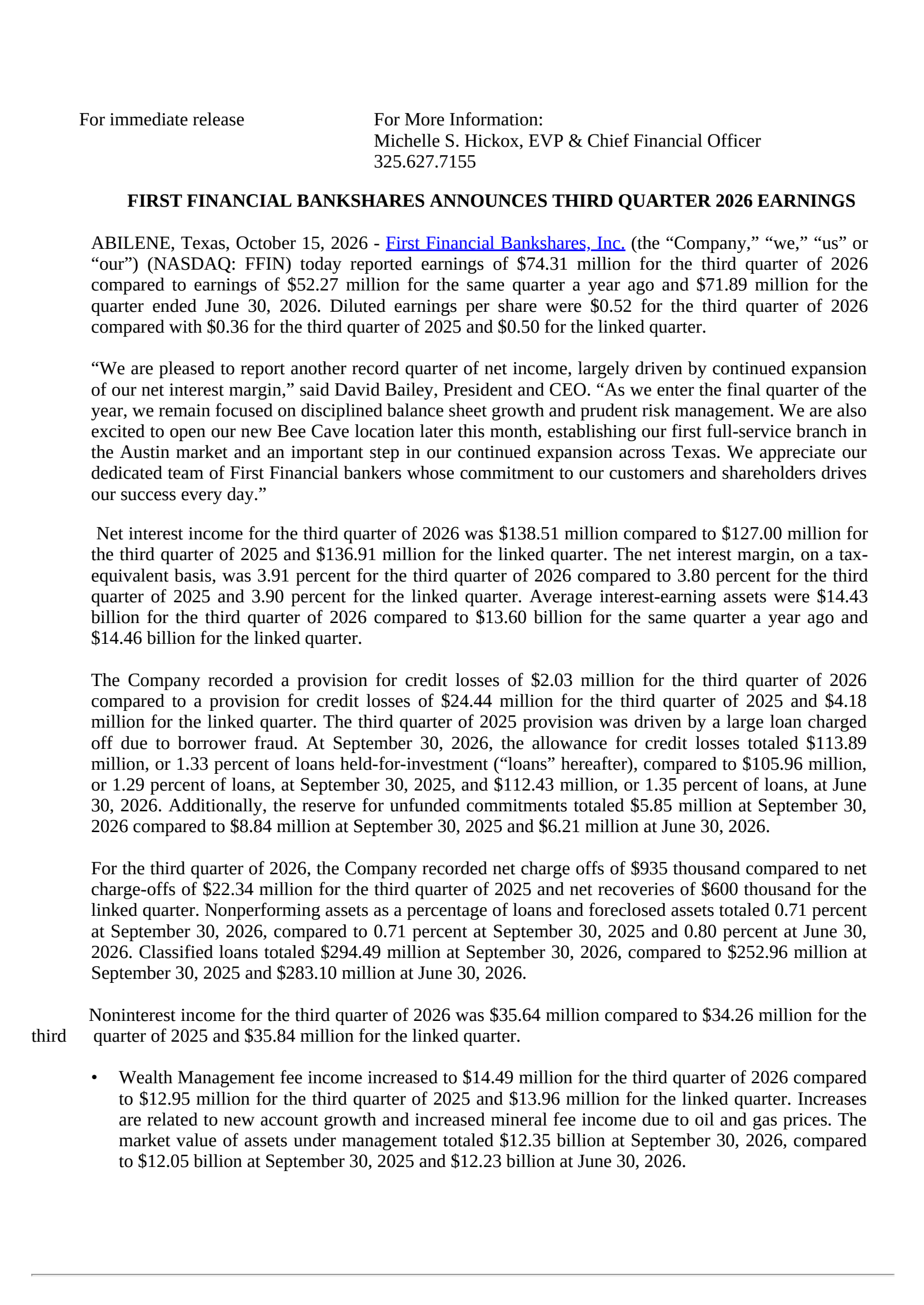 First Financial Bankshares' Q3 2026 Press Release