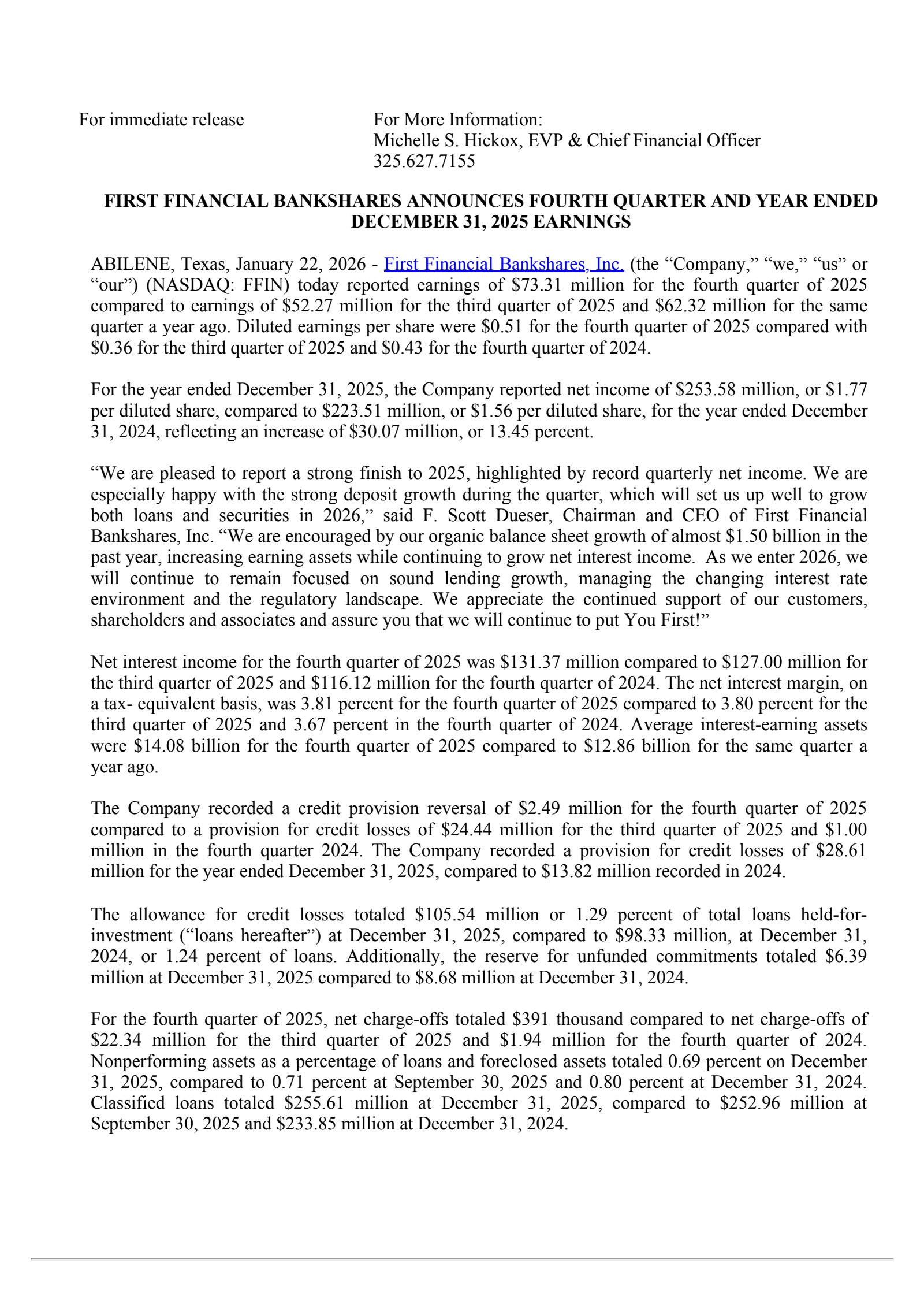 First Financial Bankshares' Q4 2025 Press Release