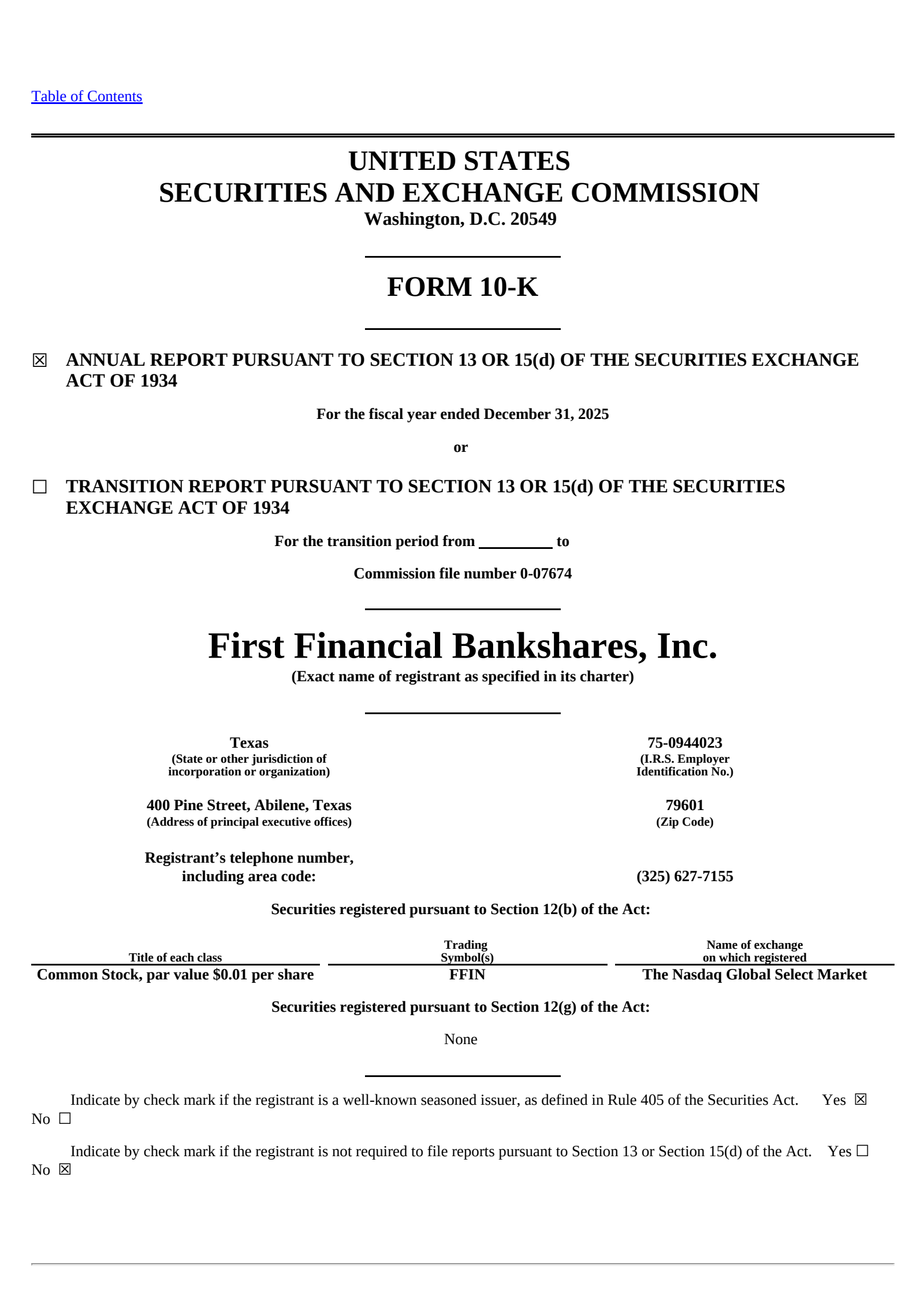 First Financial Bankshares' Q4 2025 Annual report