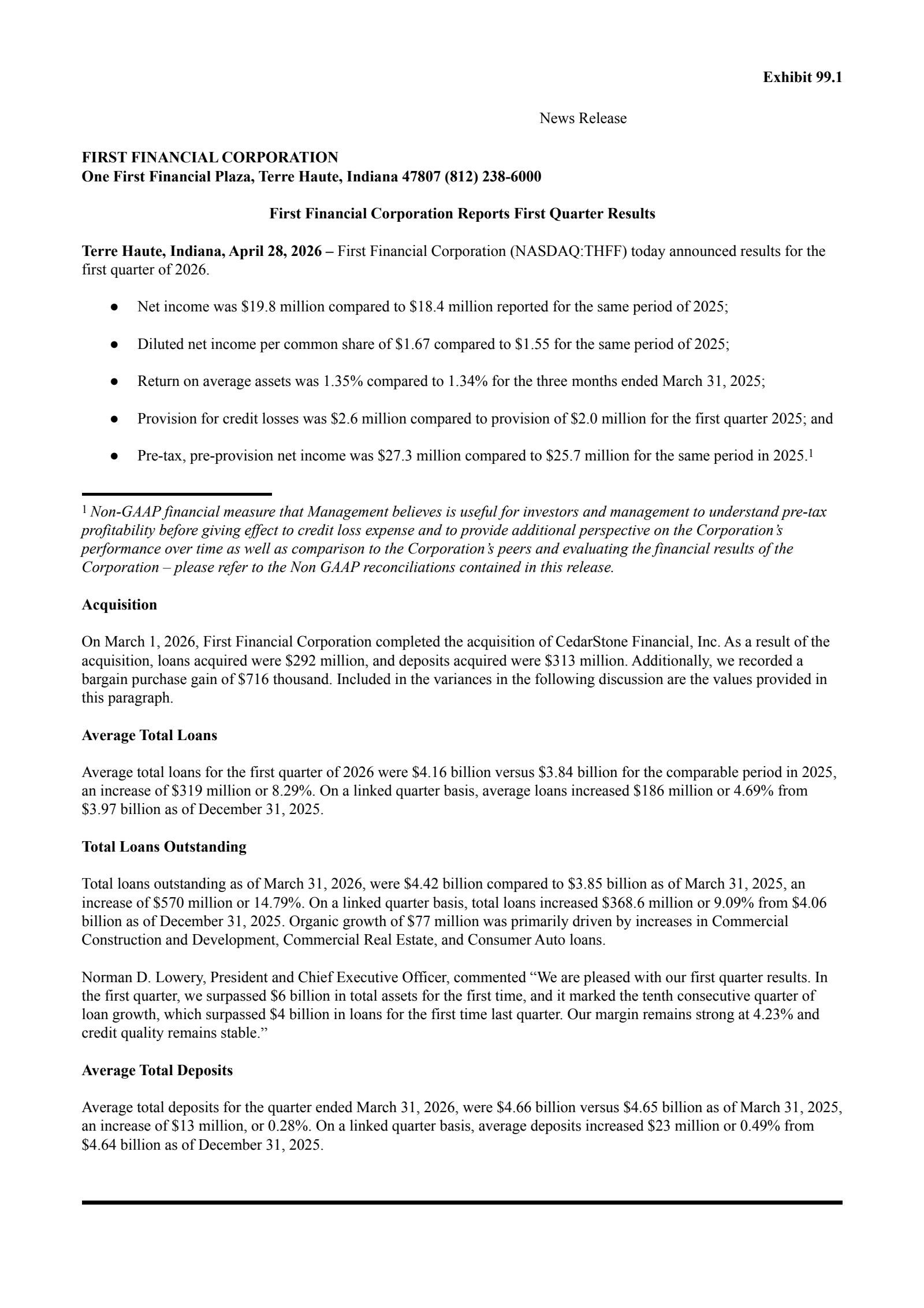 First Financial Corporation Indiana's Q1 2026 Press Release