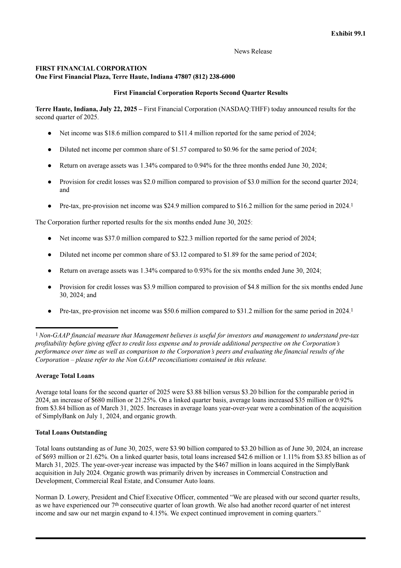 First Financial Corporation Indiana's Q2 2025 Press Release